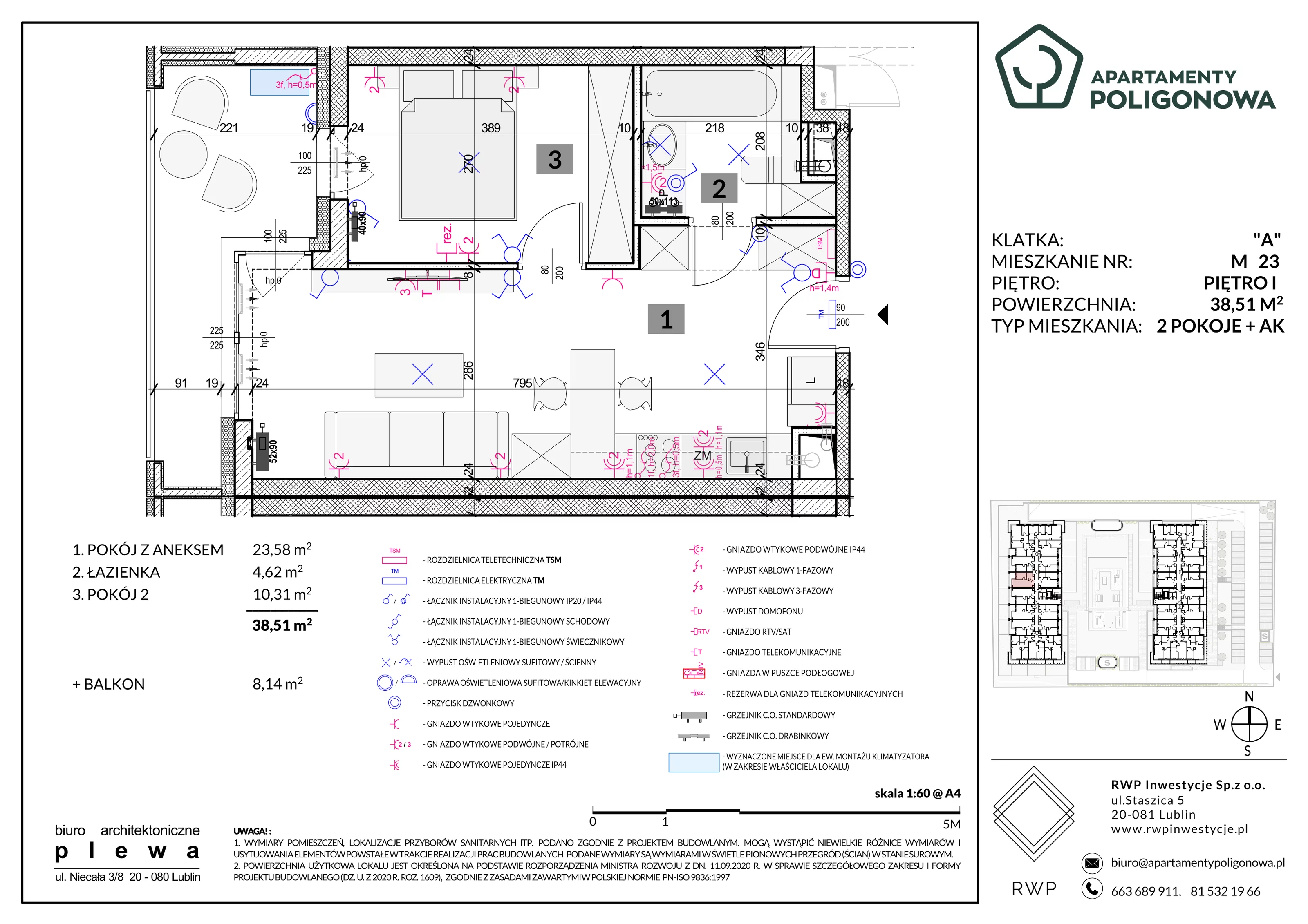 2 pokoje, mieszkanie 38,51 m², piętro 1, oferta nr 23, Apartamenty Poligonowa 5, Lublin, Sławin, ul. Poligonowa