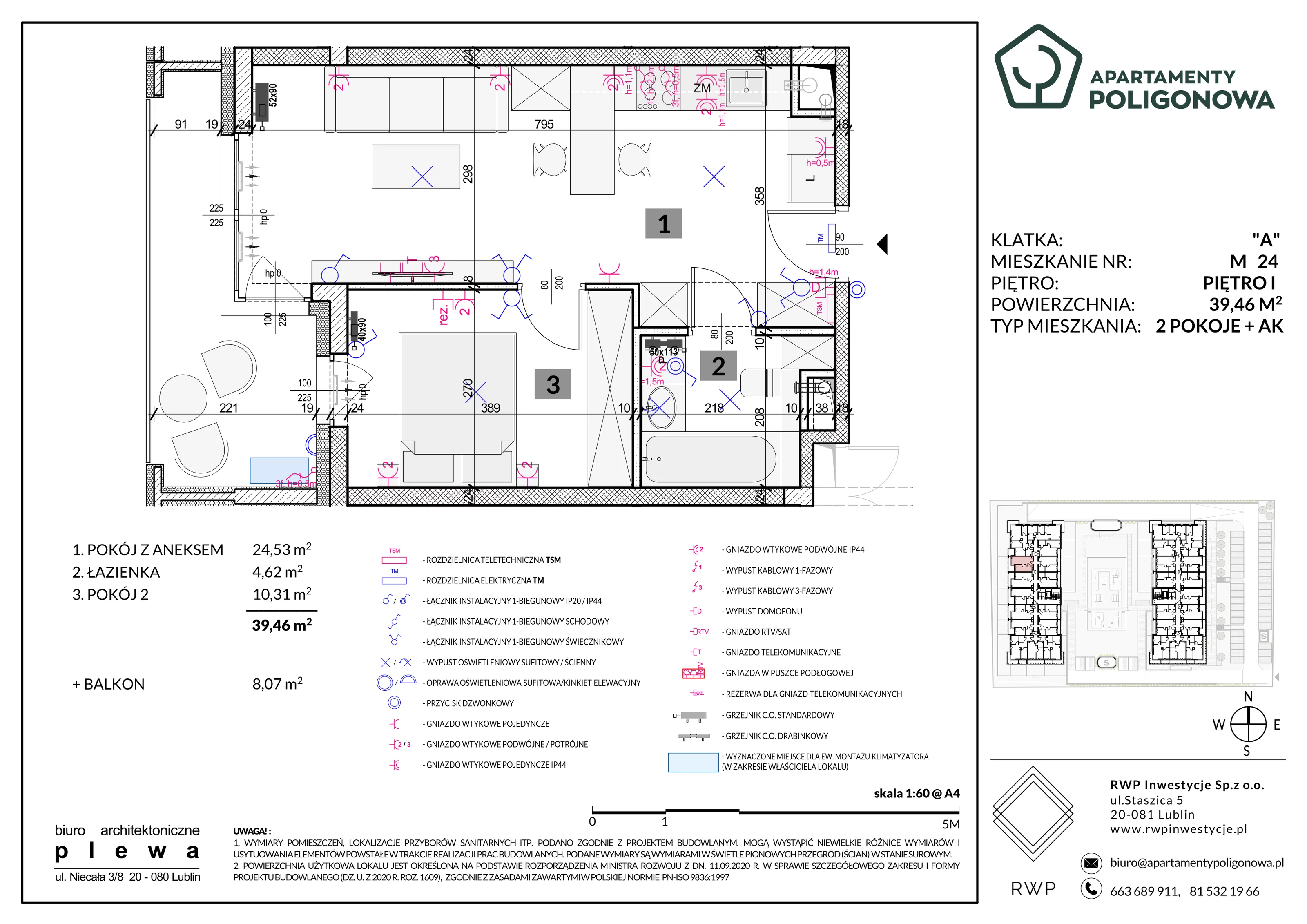 2 pokoje, mieszkanie 39,46 m², piętro 1, oferta nr 24, Apartamenty Poligonowa 5, Lublin, Sławin, ul. Poligonowa