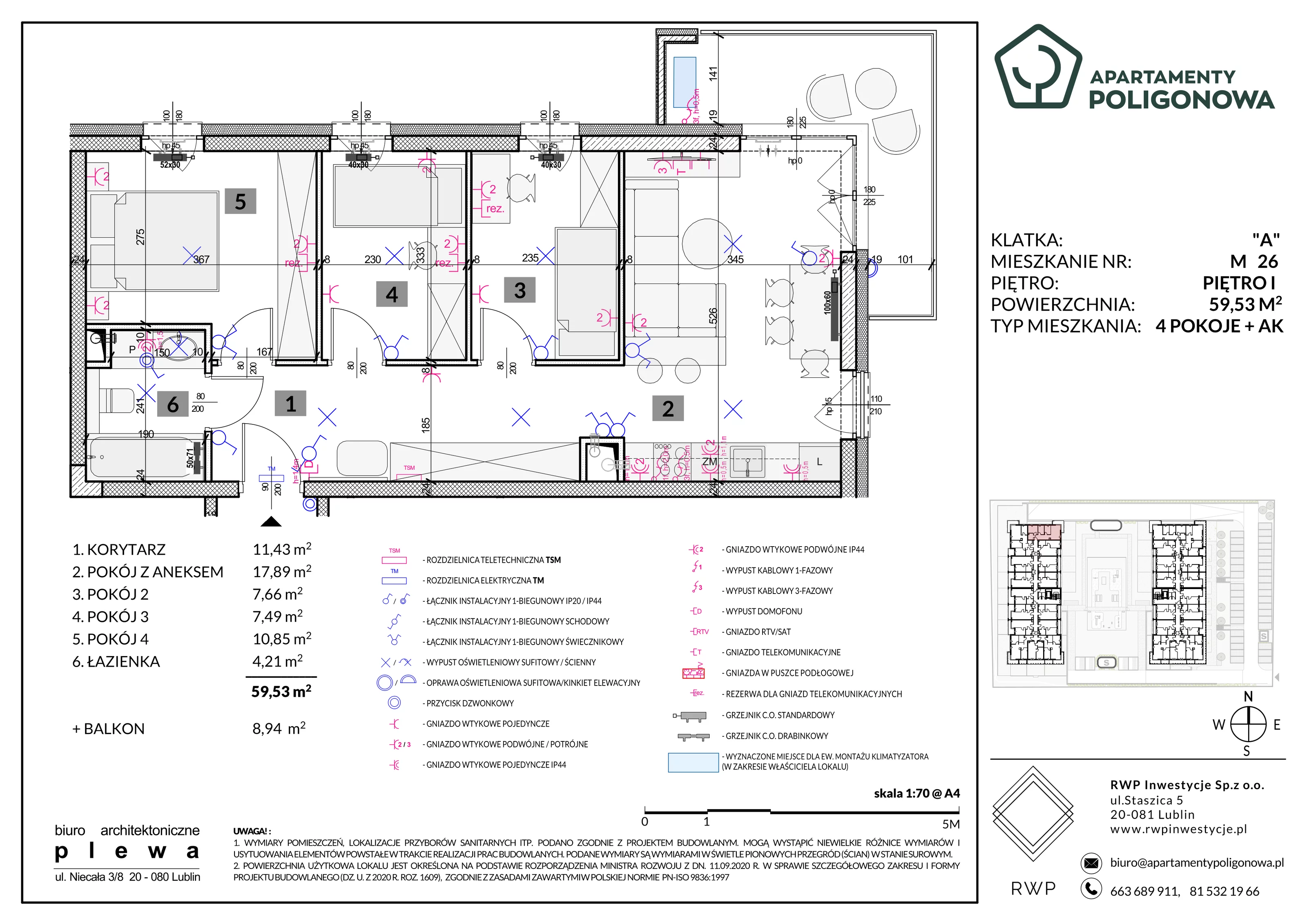 4 pokoje, mieszkanie 59,53 m², piętro 1, oferta nr 26, Apartamenty Poligonowa 5, Lublin, Sławin, ul. Poligonowa