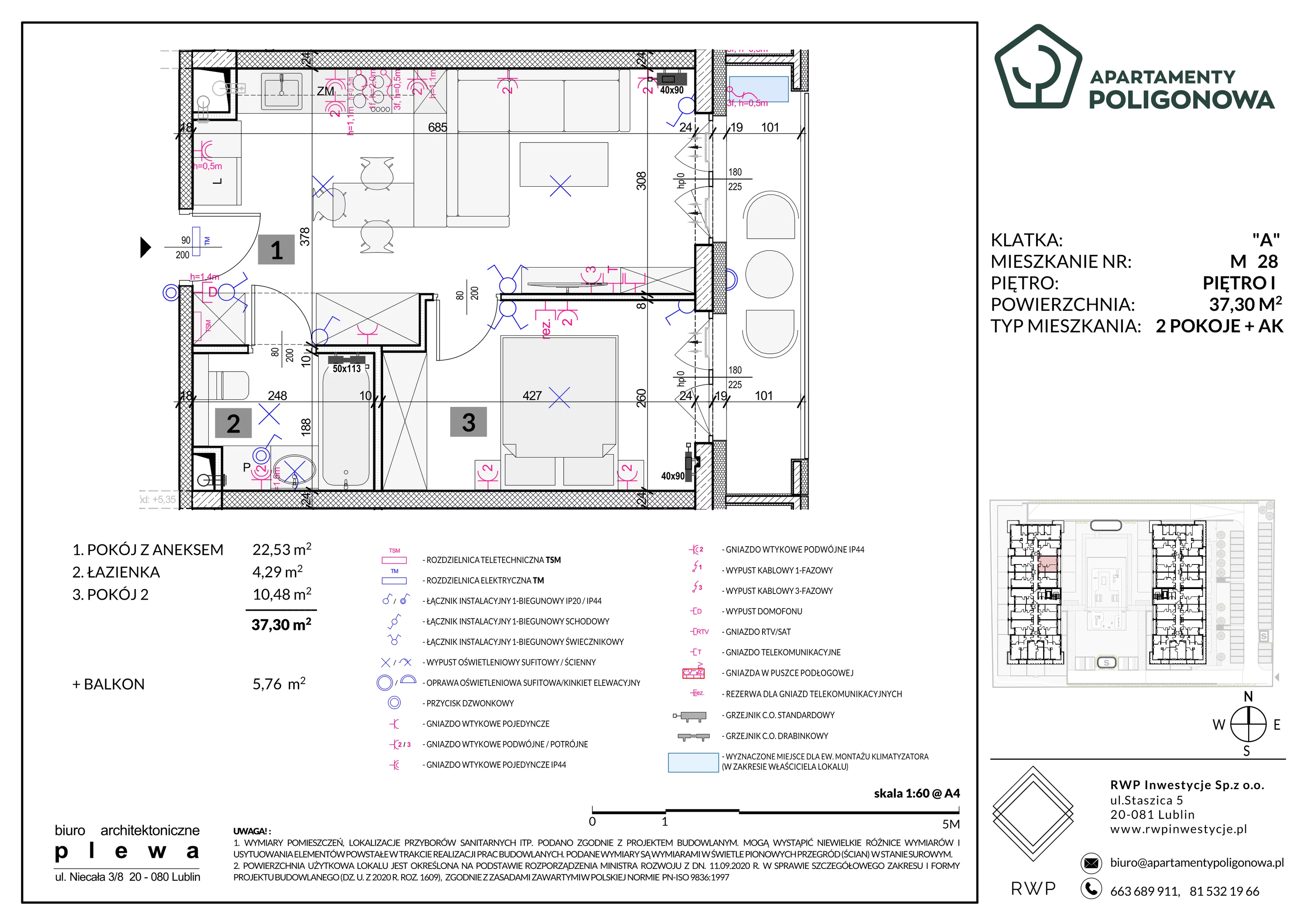 2 pokoje, mieszkanie 37,30 m², piętro 1, oferta nr 28, Apartamenty Poligonowa 5, Lublin, Sławin, ul. Poligonowa