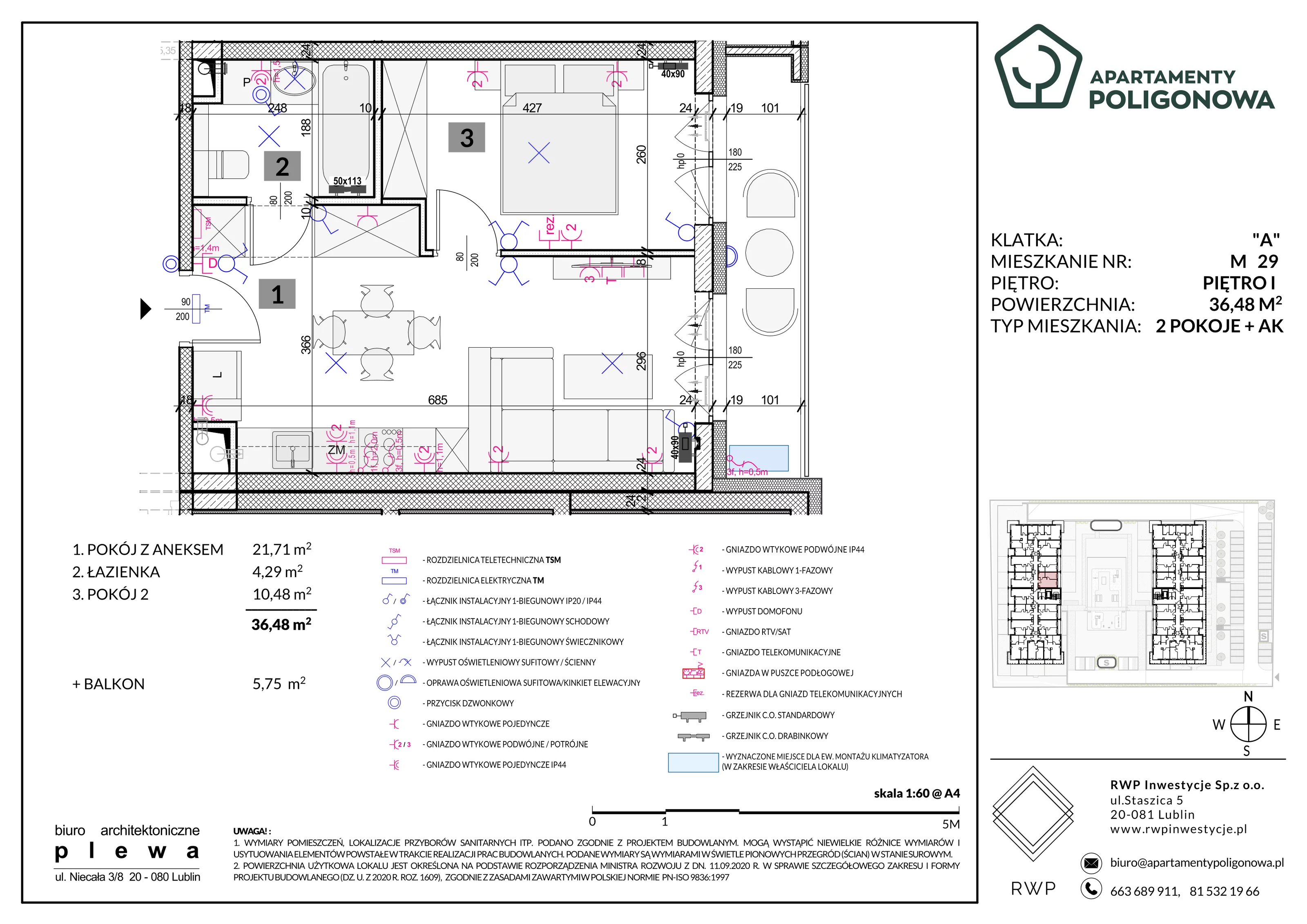 2 pokoje, mieszkanie 36,48 m², piętro 1, oferta nr 29, Apartamenty Poligonowa 5, Lublin, Sławin, ul. Poligonowa