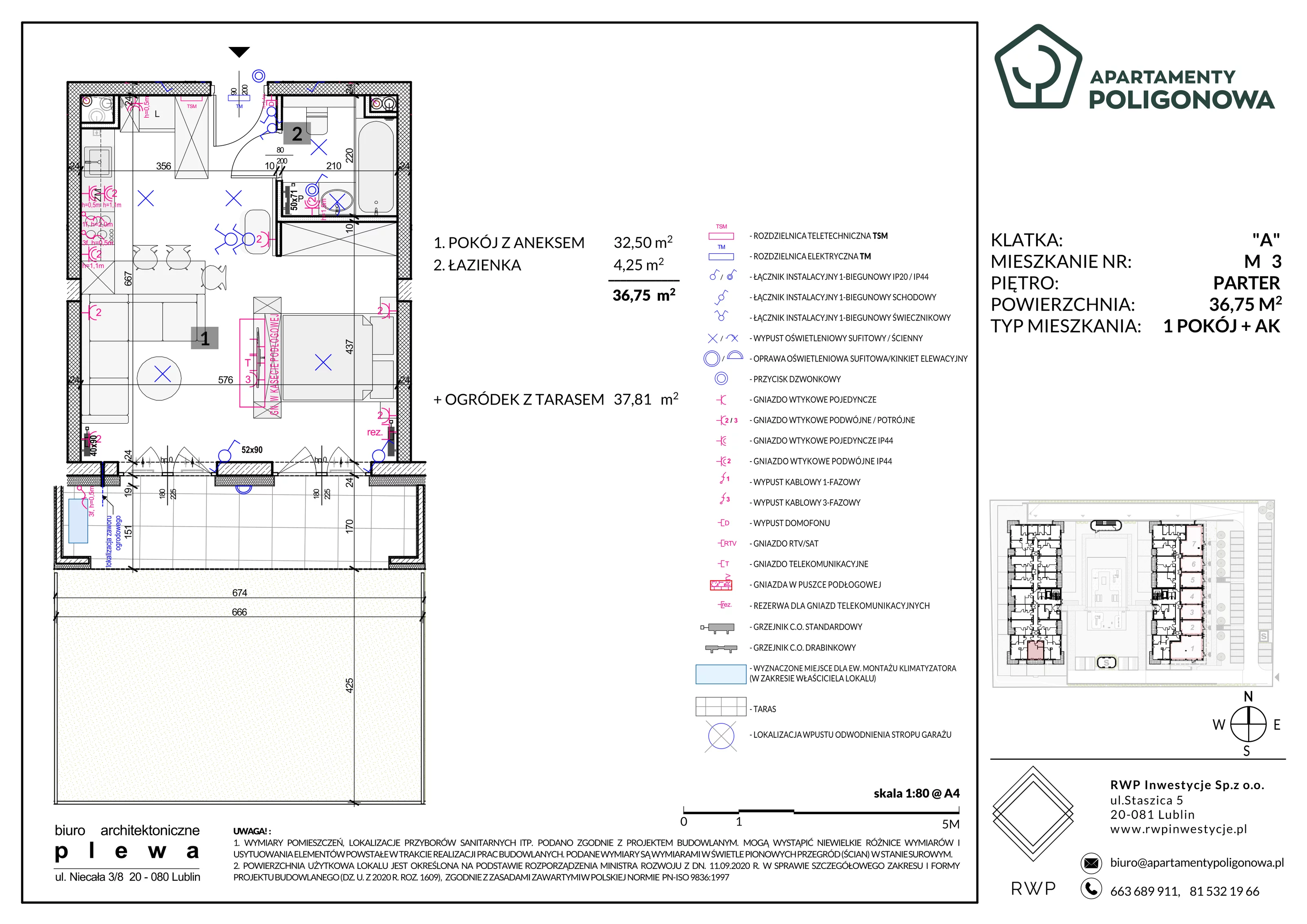 1 pokój, mieszkanie 36,75 m², parter, oferta nr 3, Apartamenty Poligonowa 5, Lublin, Sławin, ul. Poligonowa