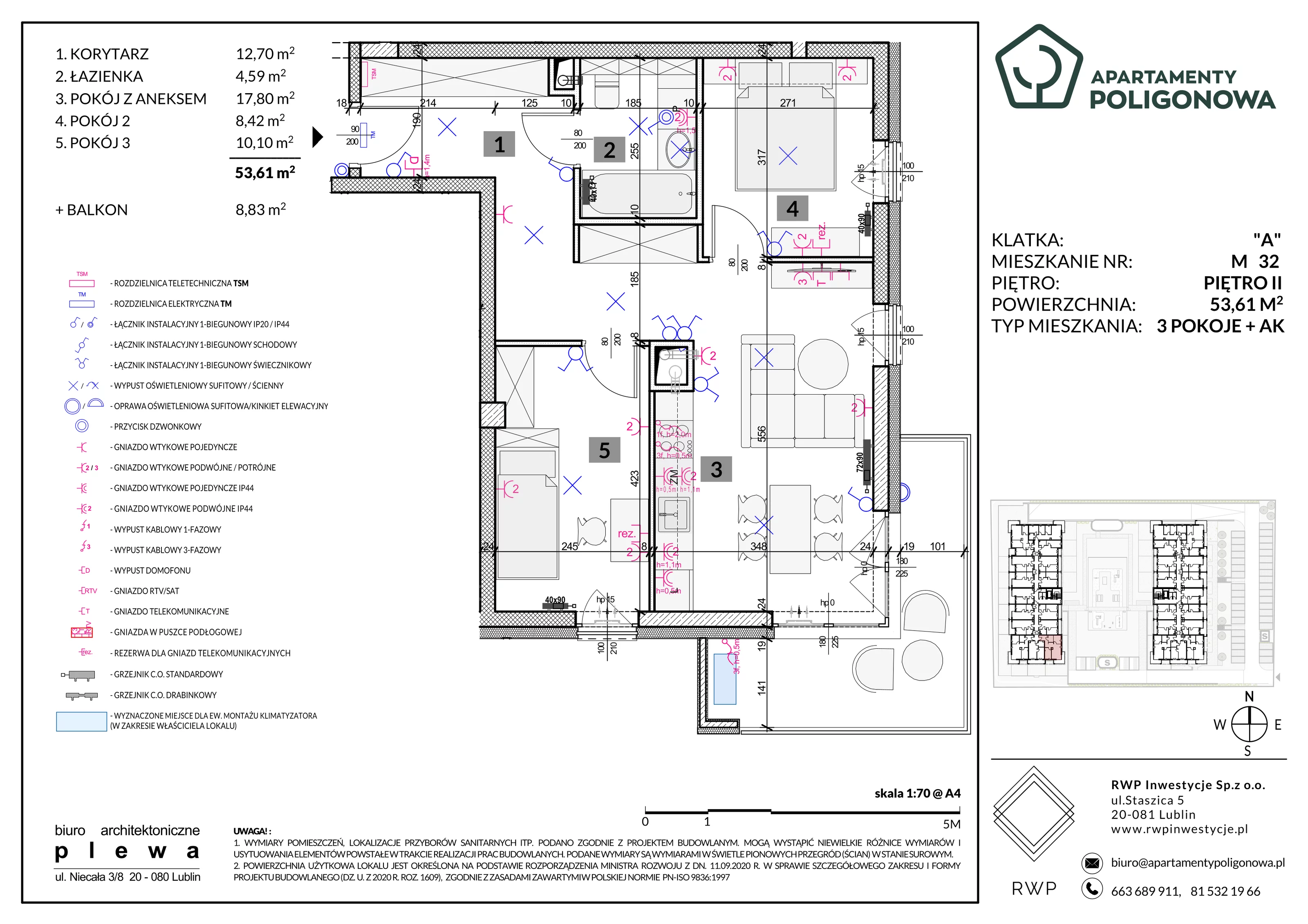 3 pokoje, mieszkanie 53,61 m², piętro 2, oferta nr 32, Apartamenty Poligonowa 5, Lublin, Sławin, ul. Poligonowa