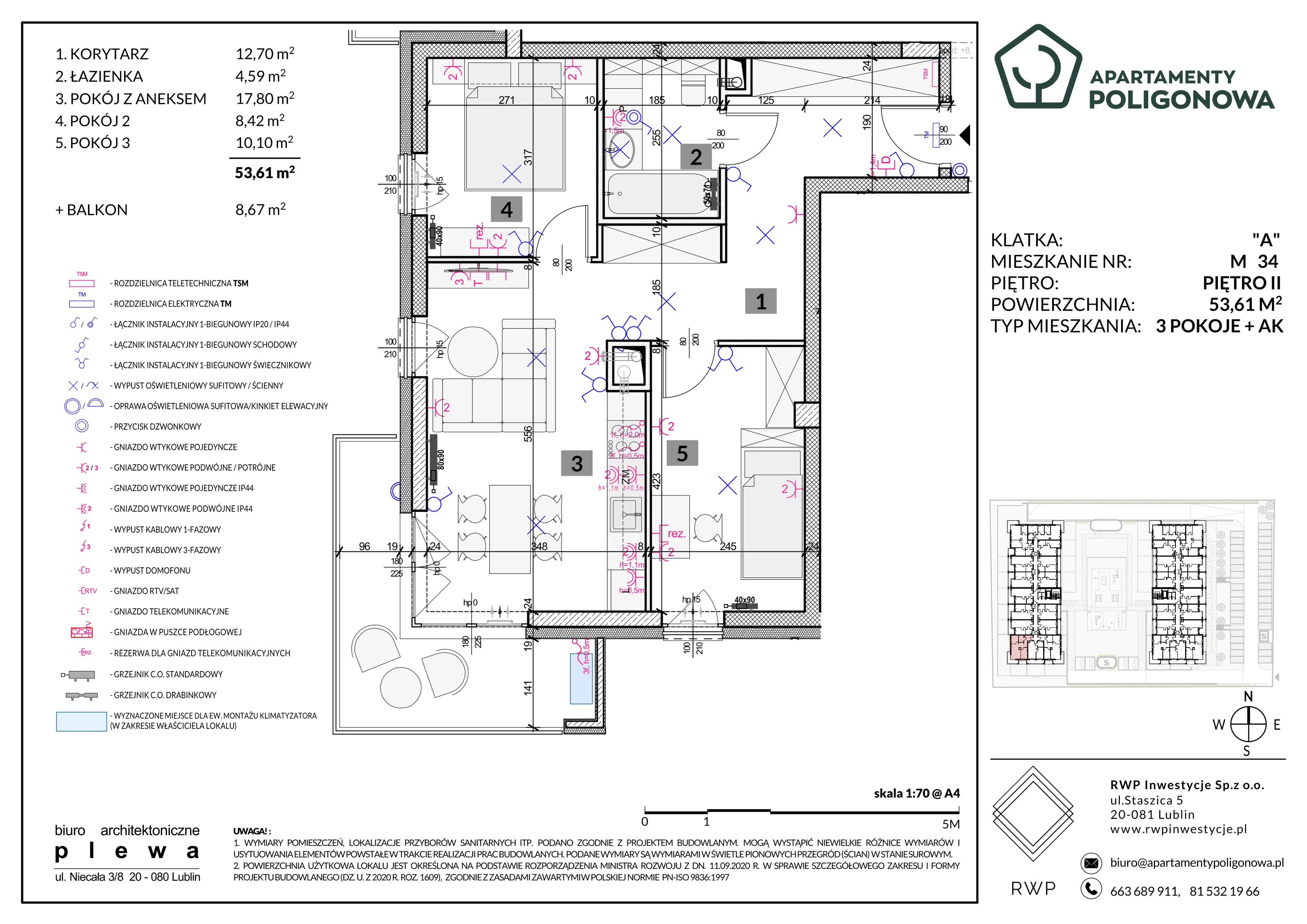 3 pokoje, mieszkanie 53,61 m², piętro 2, oferta nr 34, Apartamenty Poligonowa 5, Lublin, Sławin, ul. Poligonowa