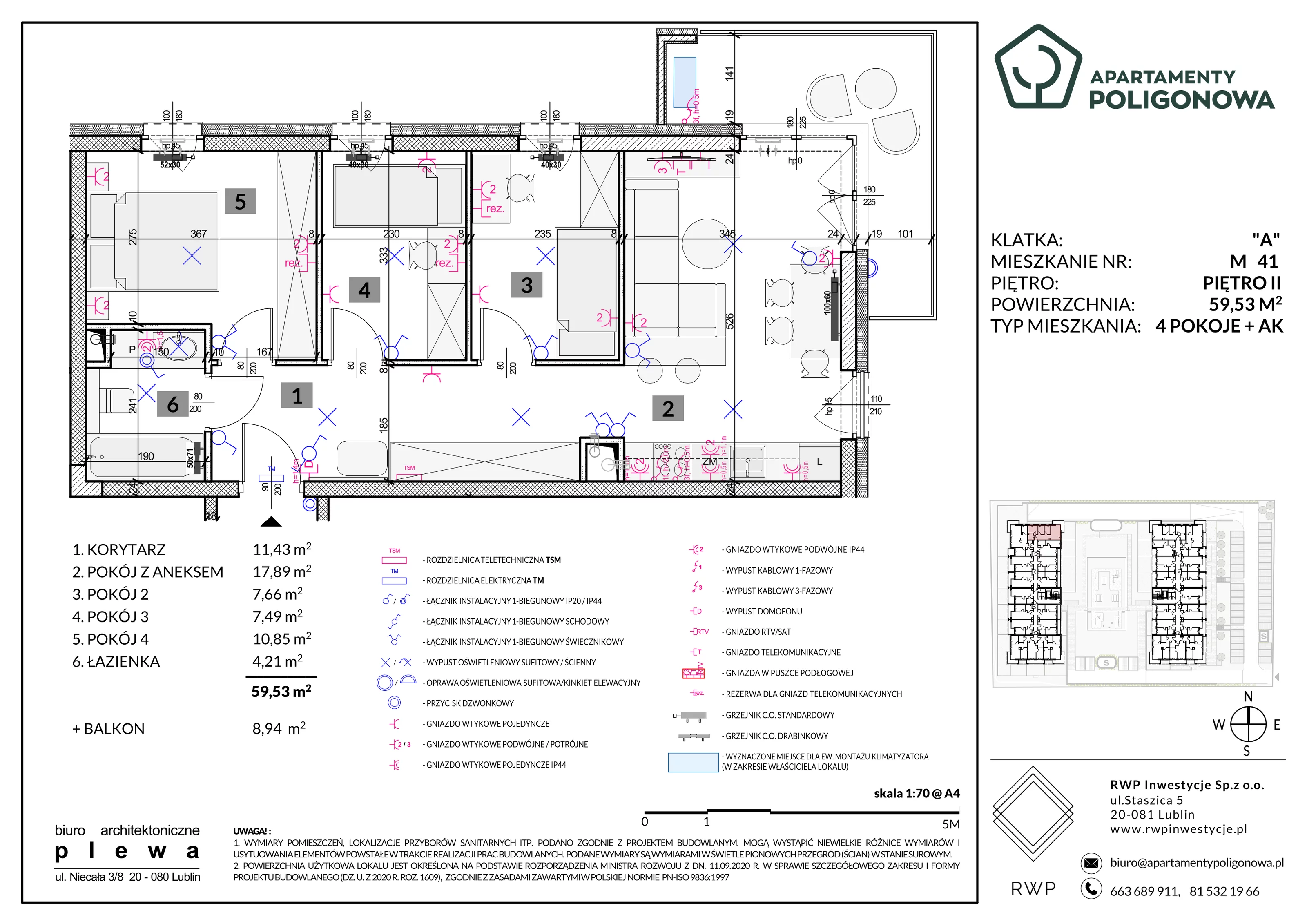 4 pokoje, mieszkanie 59,53 m², piętro 2, oferta nr 41, Apartamenty Poligonowa 5, Lublin, Sławin, ul. Poligonowa