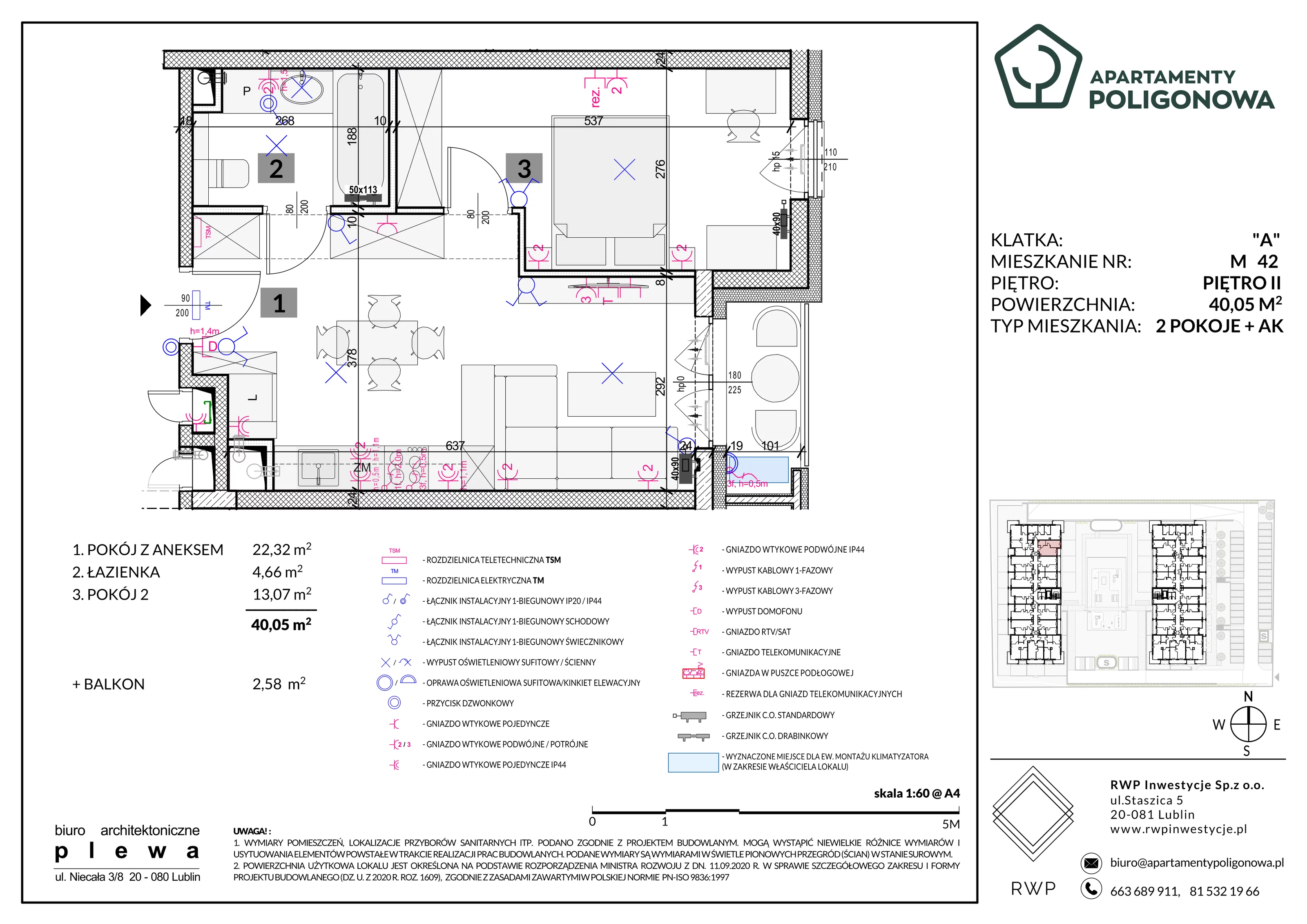 2 pokoje, mieszkanie 40,05 m², piętro 2, oferta nr 42, Apartamenty Poligonowa 5, Lublin, Sławin, ul. Poligonowa