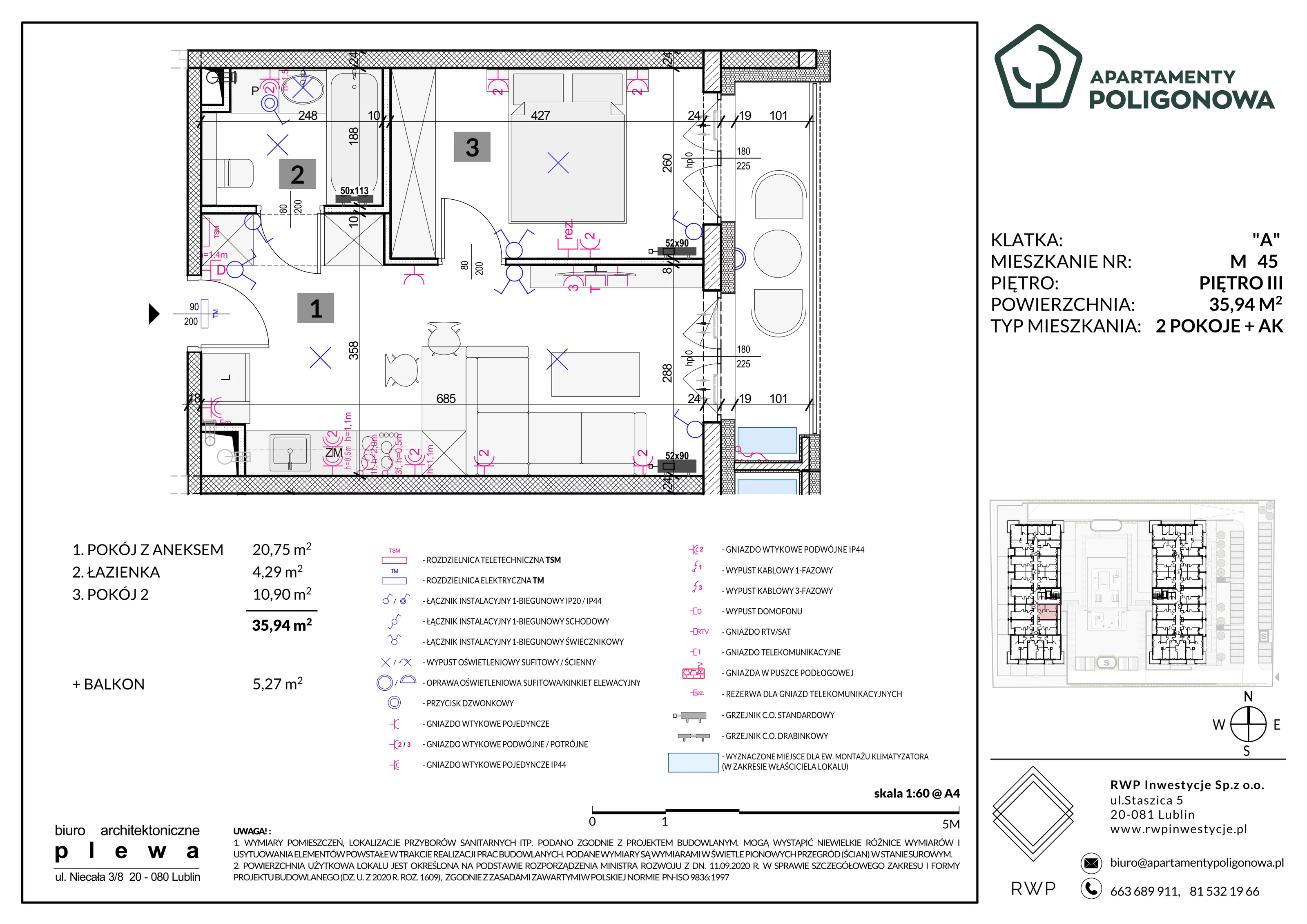 2 pokoje, mieszkanie 35,94 m², piętro 3, oferta nr 45, Apartamenty Poligonowa 5, Lublin, Sławin, ul. Poligonowa