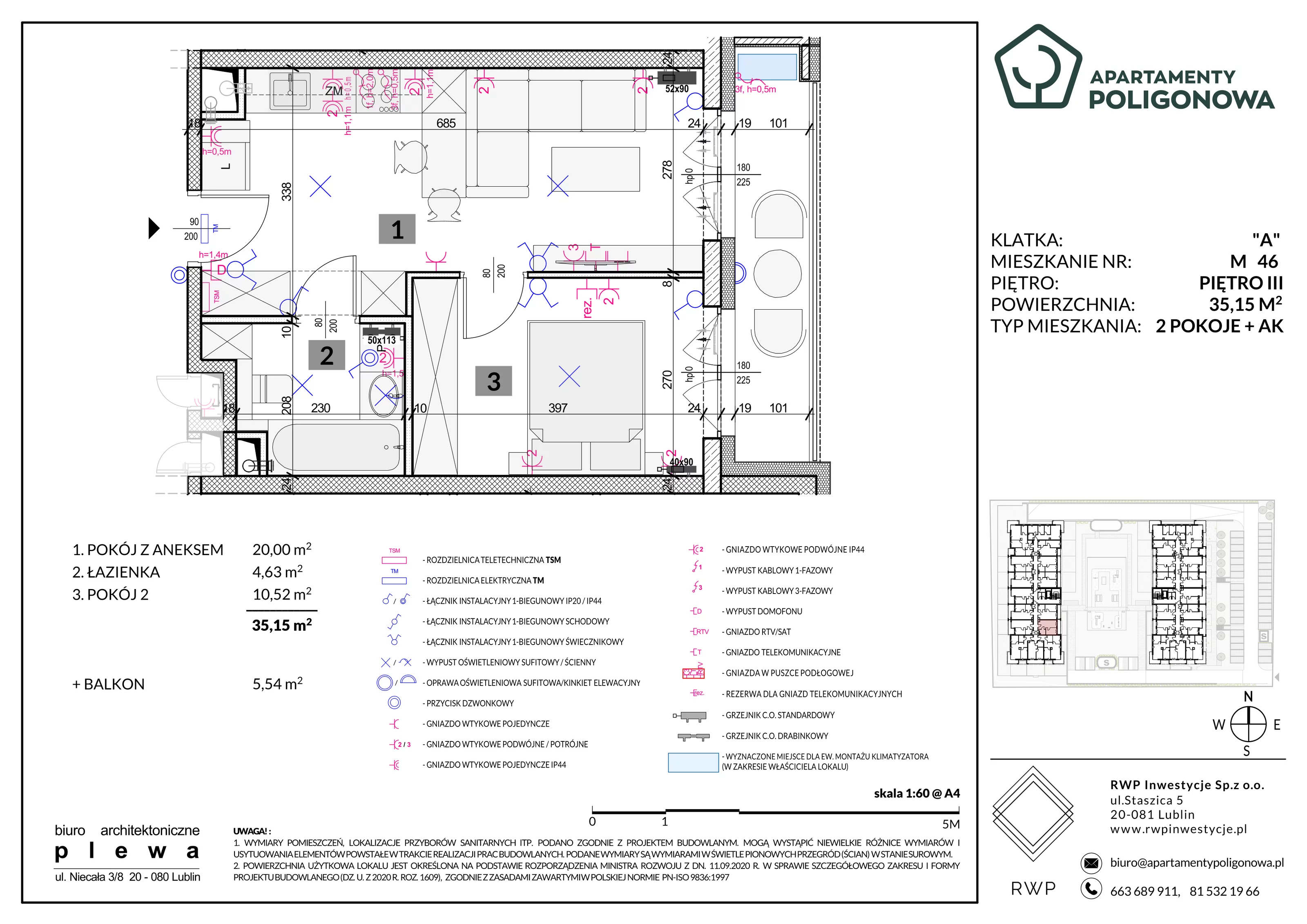 2 pokoje, mieszkanie 35,15 m², piętro 3, oferta nr 46, Apartamenty Poligonowa 5, Lublin, Sławin, ul. Poligonowa