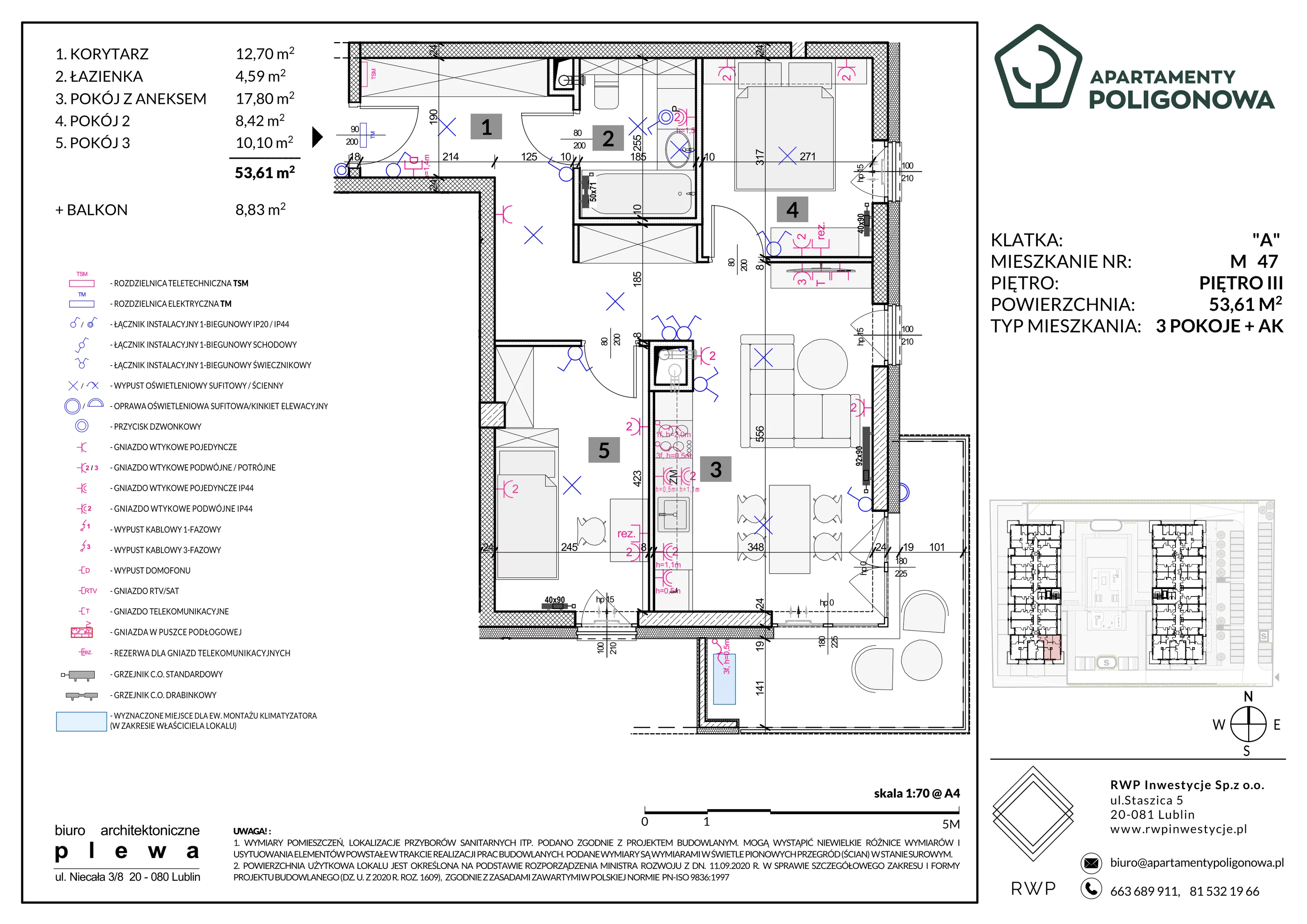 3 pokoje, mieszkanie 53,61 m², piętro 3, oferta nr 47, Apartamenty Poligonowa 5, Lublin, Sławin, ul. Poligonowa