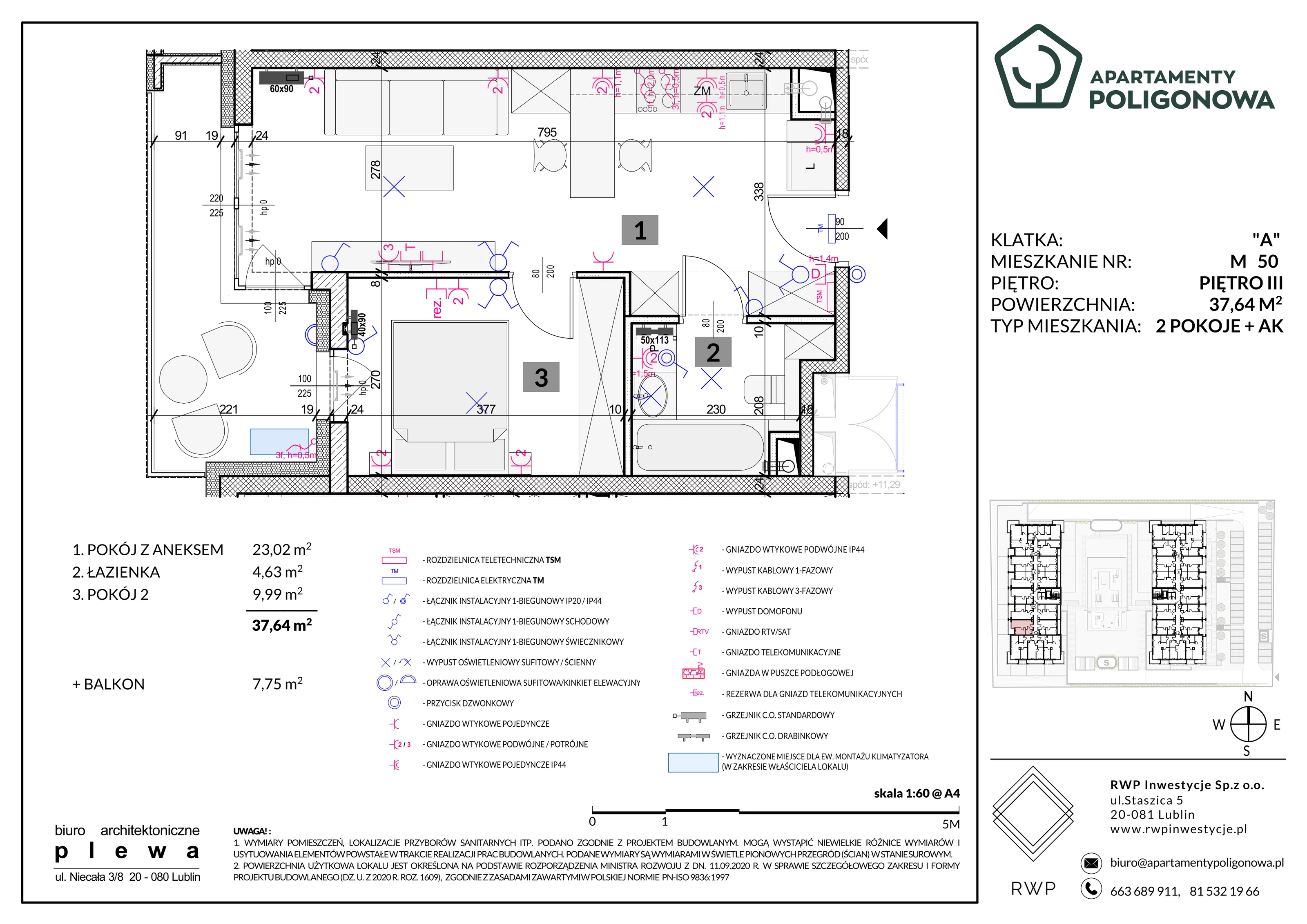 2 pokoje, mieszkanie 37,64 m², piętro 3, oferta nr 50, Apartamenty Poligonowa 5, Lublin, Sławin, ul. Poligonowa