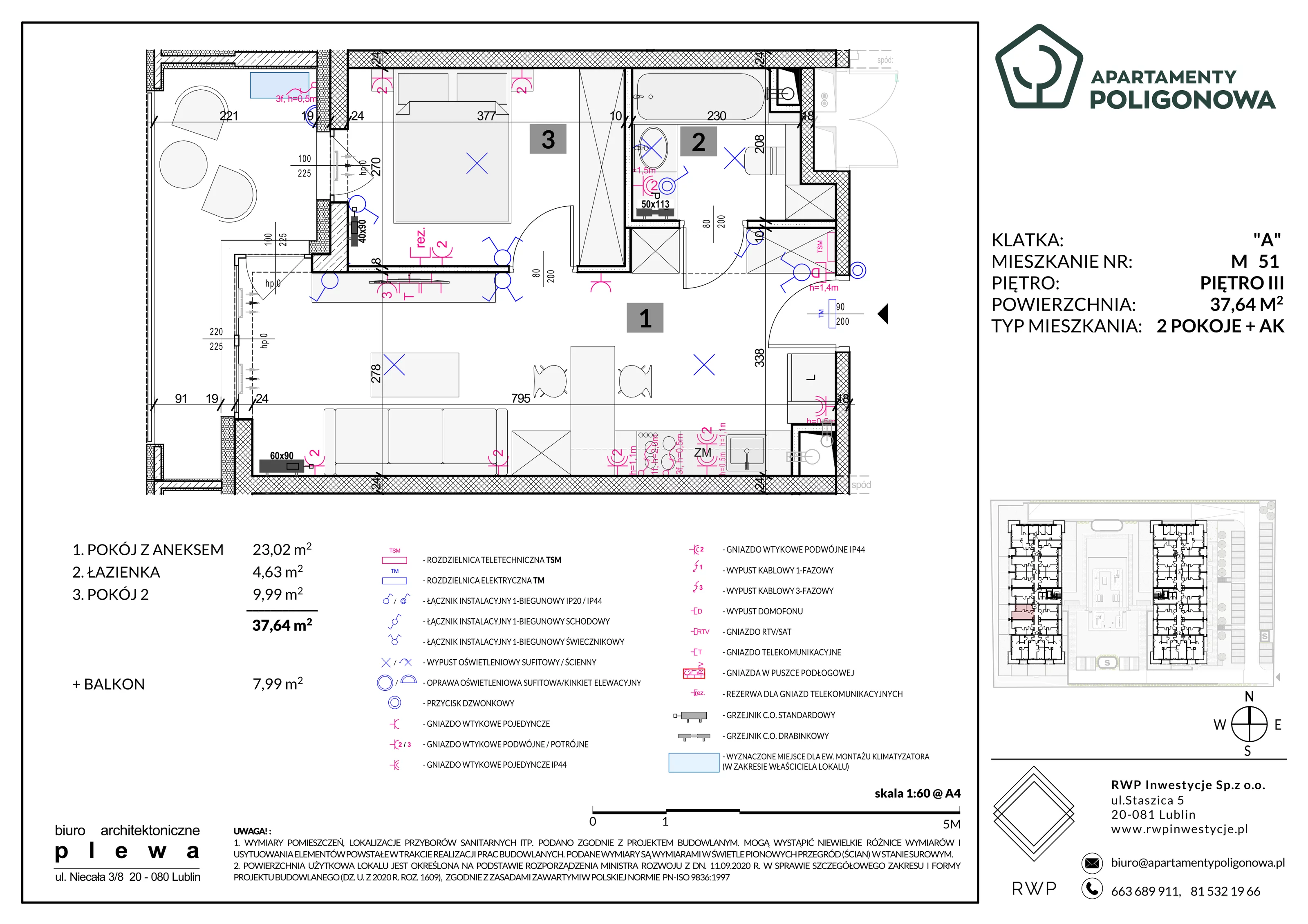 2 pokoje, mieszkanie 37,64 m², piętro 3, oferta nr 51, Apartamenty Poligonowa 5, Lublin, Sławin, ul. Poligonowa