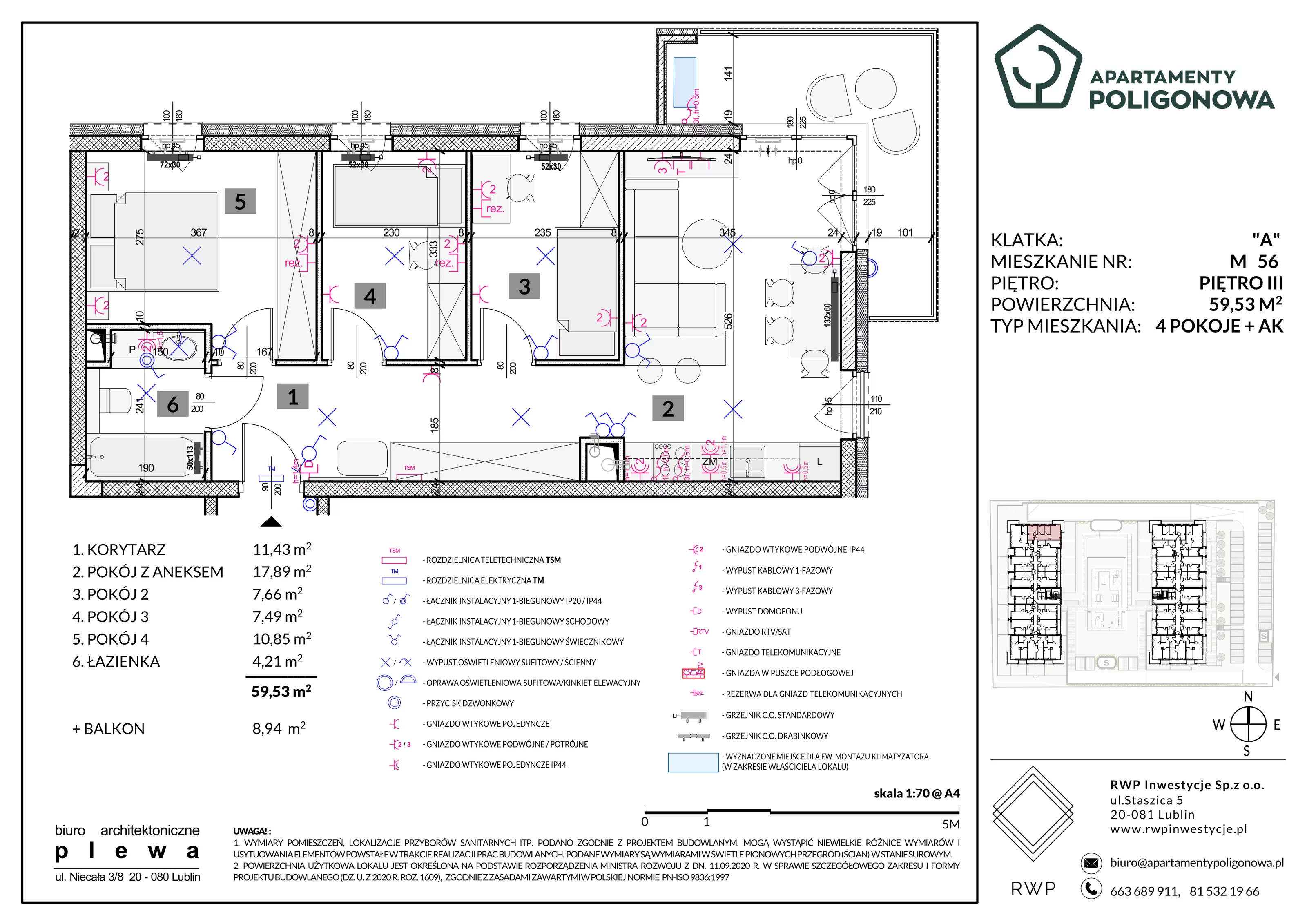 4 pokoje, mieszkanie 59,53 m², piętro 3, oferta nr 56, Apartamenty Poligonowa 5, Lublin, Sławin, ul. Poligonowa