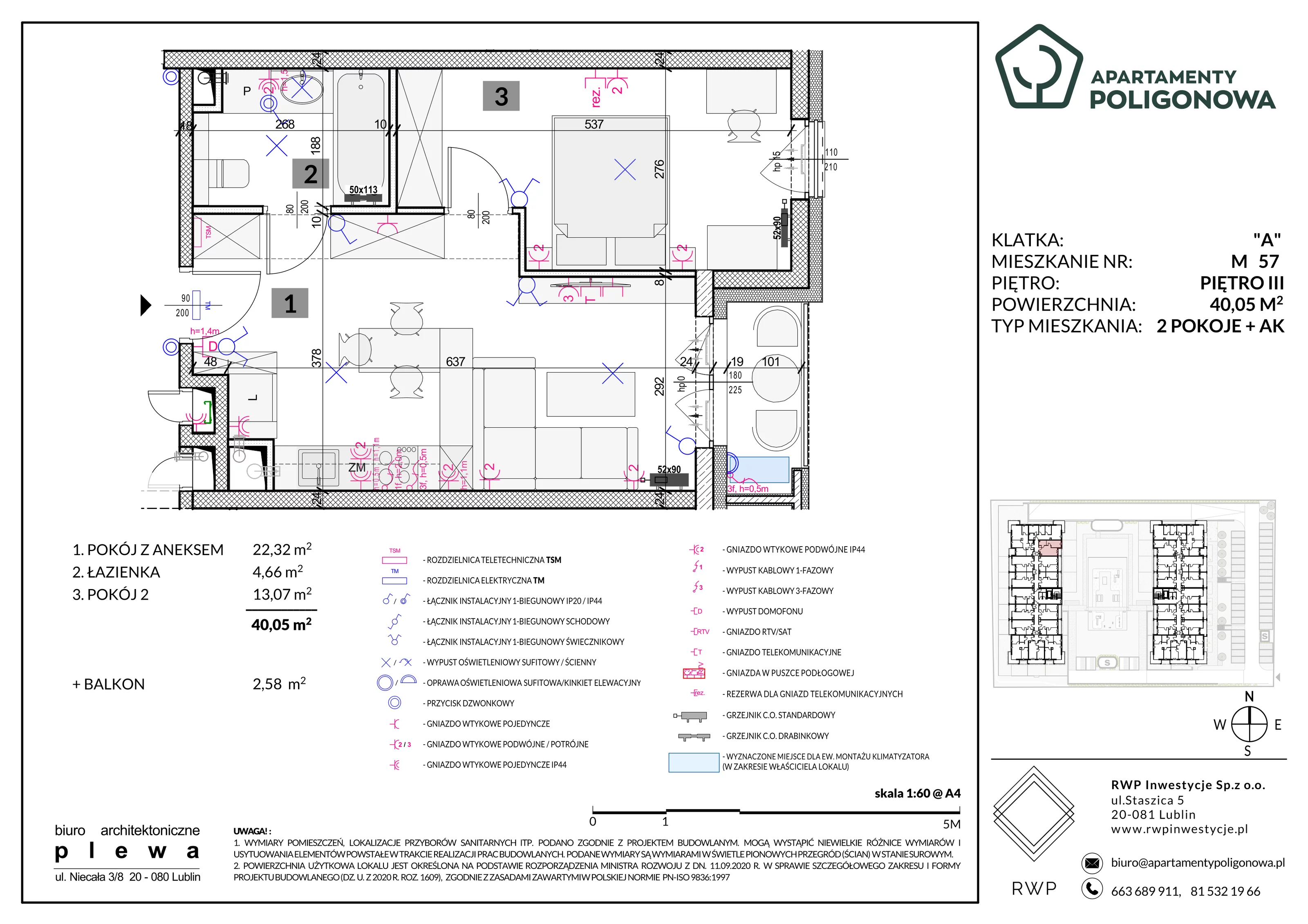 2 pokoje, mieszkanie 40,05 m², piętro 3, oferta nr 57, Apartamenty Poligonowa 5, Lublin, Sławin, ul. Poligonowa