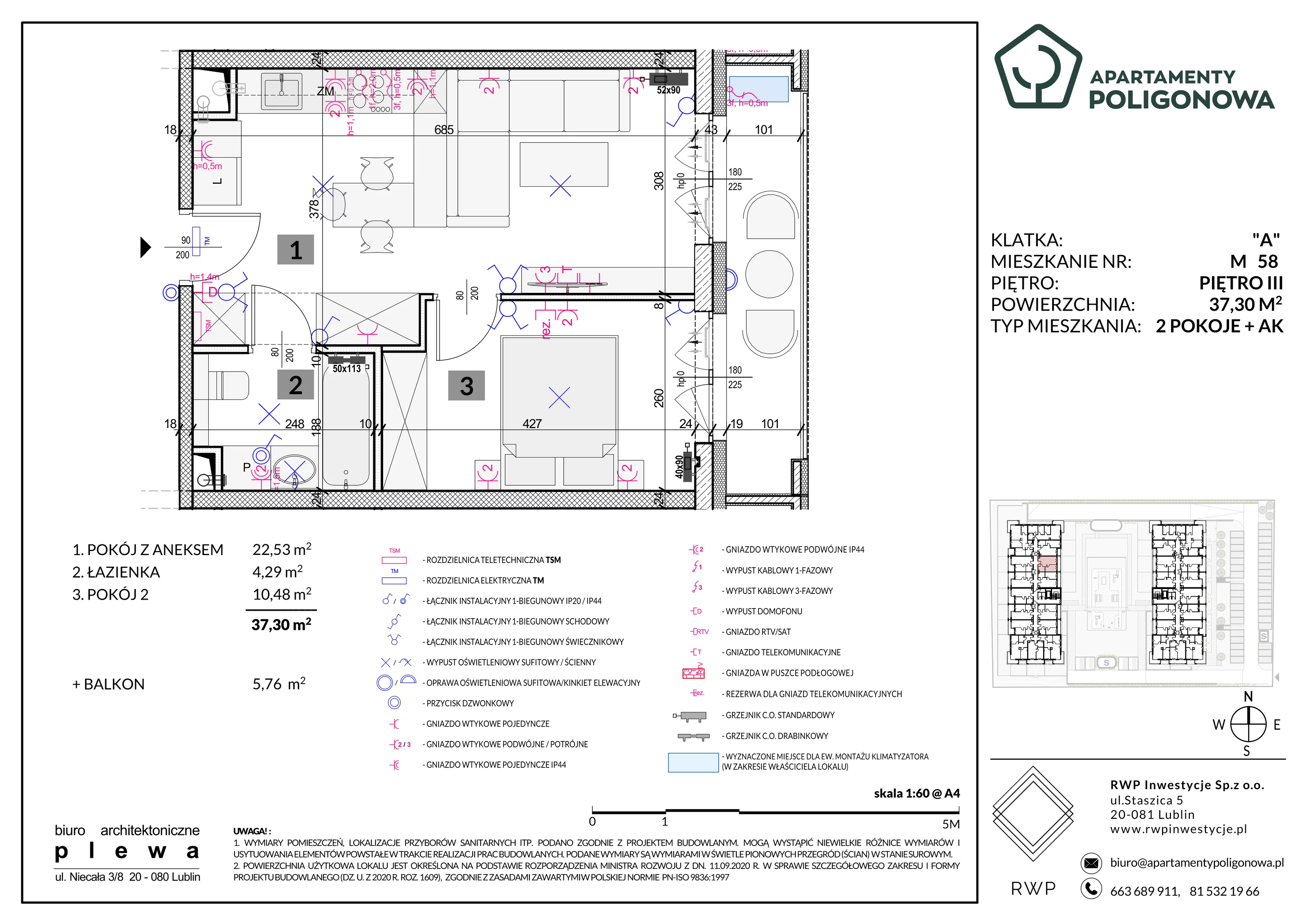 2 pokoje, mieszkanie 37,30 m², piętro 3, oferta nr 58, Apartamenty Poligonowa 5, Lublin, Sławin, ul. Poligonowa