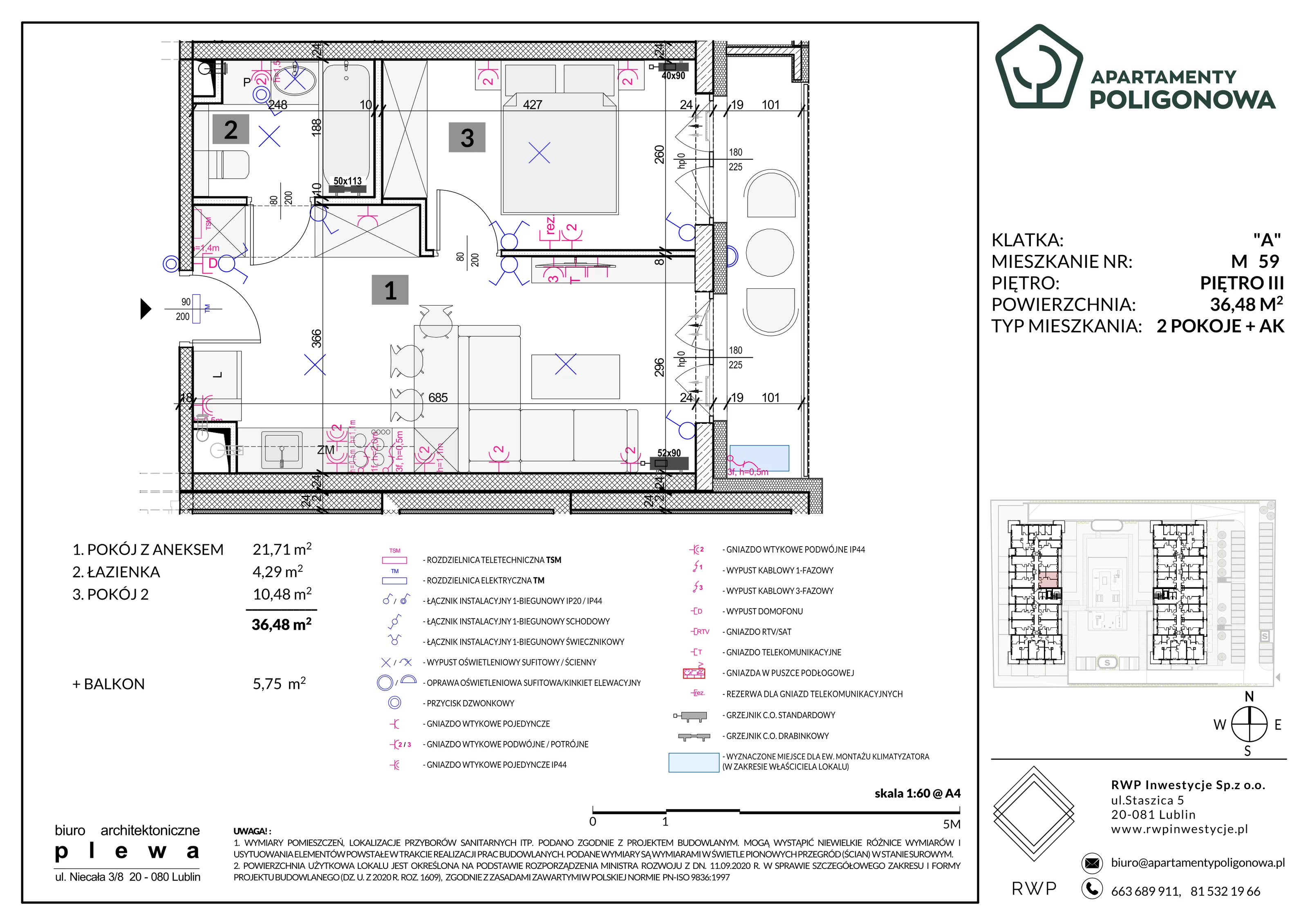 2 pokoje, mieszkanie 36,48 m², piętro 3, oferta nr 59, Apartamenty Poligonowa 5, Lublin, Sławin, ul. Poligonowa