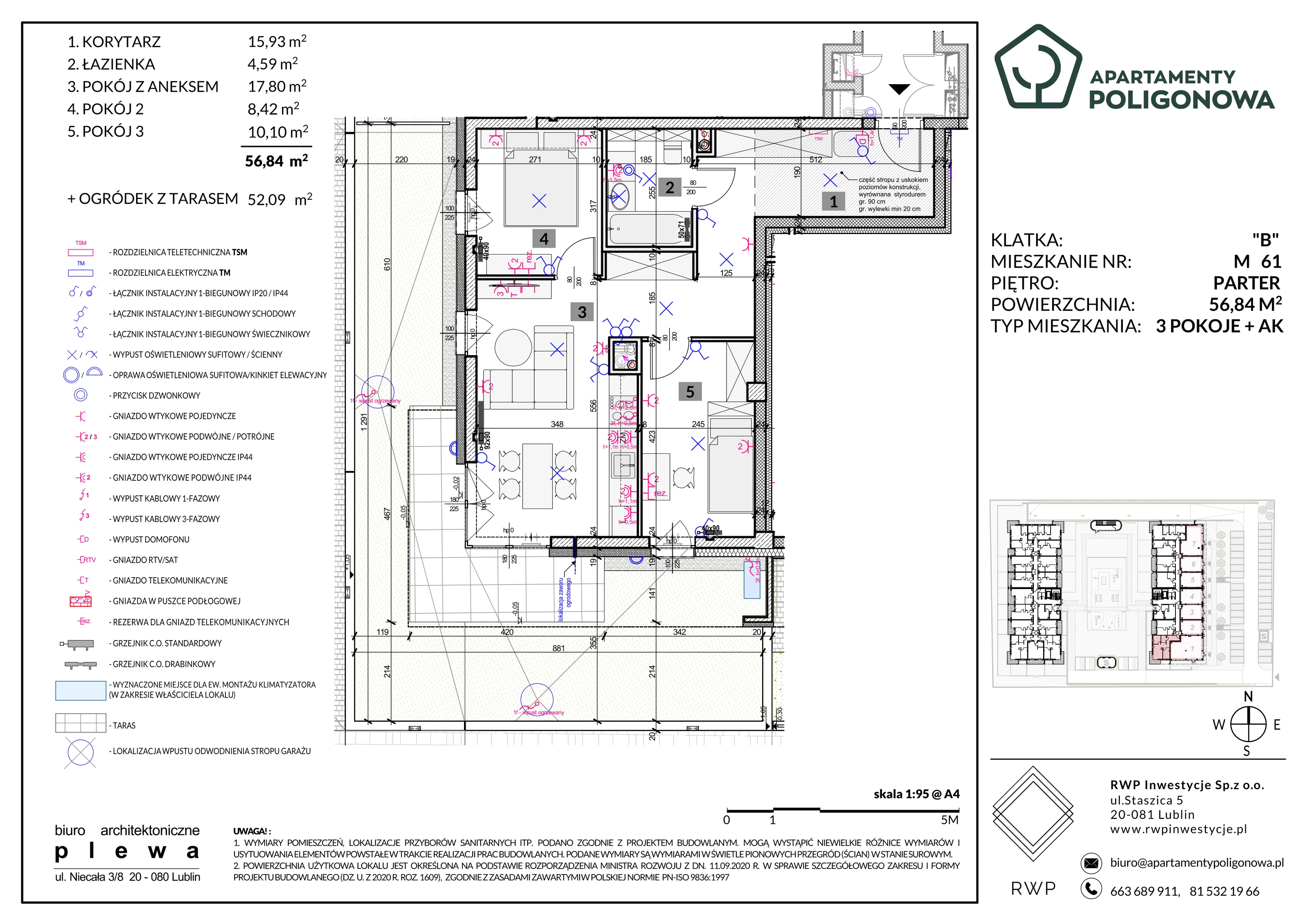 3 pokoje, mieszkanie 56,84 m², parter, oferta nr 61, Apartamenty Poligonowa 5, Lublin, Sławin, ul. Poligonowa