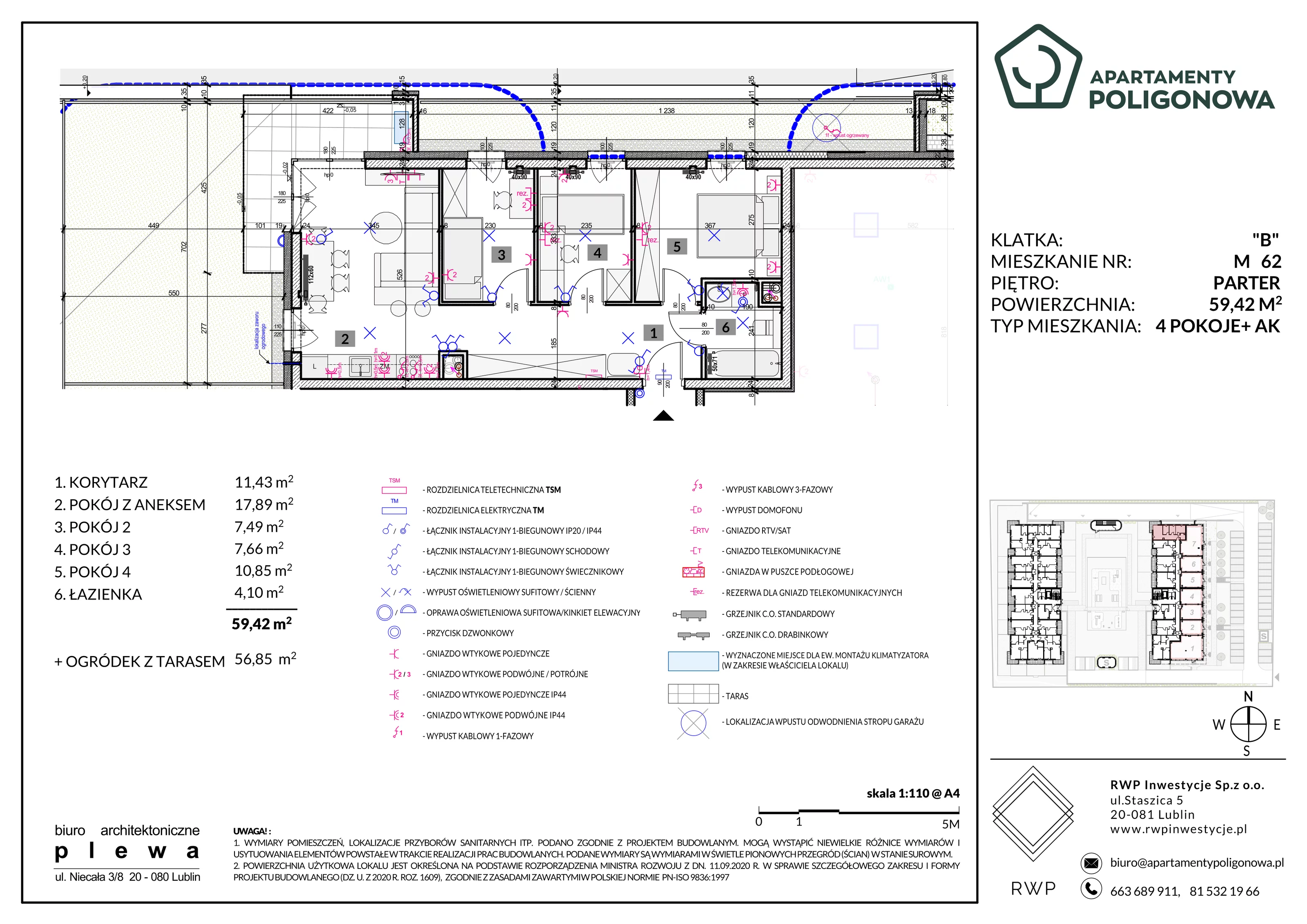 4 pokoje, mieszkanie 59,42 m², parter, oferta nr 62, Apartamenty Poligonowa 5, Lublin, Sławin, ul. Poligonowa