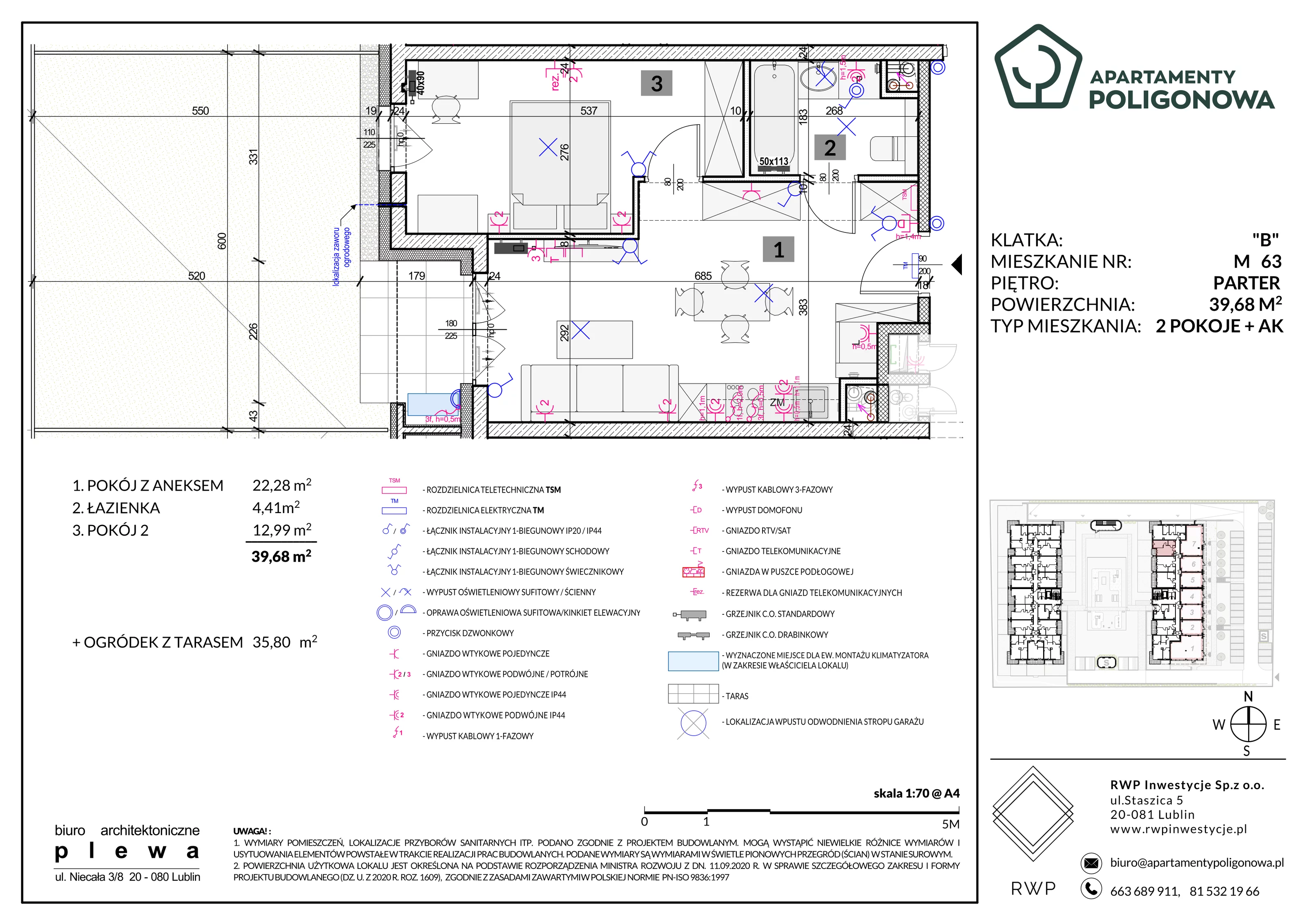 2 pokoje, mieszkanie 39,68 m², parter, oferta nr 63, Apartamenty Poligonowa 5, Lublin, Sławin, ul. Poligonowa
