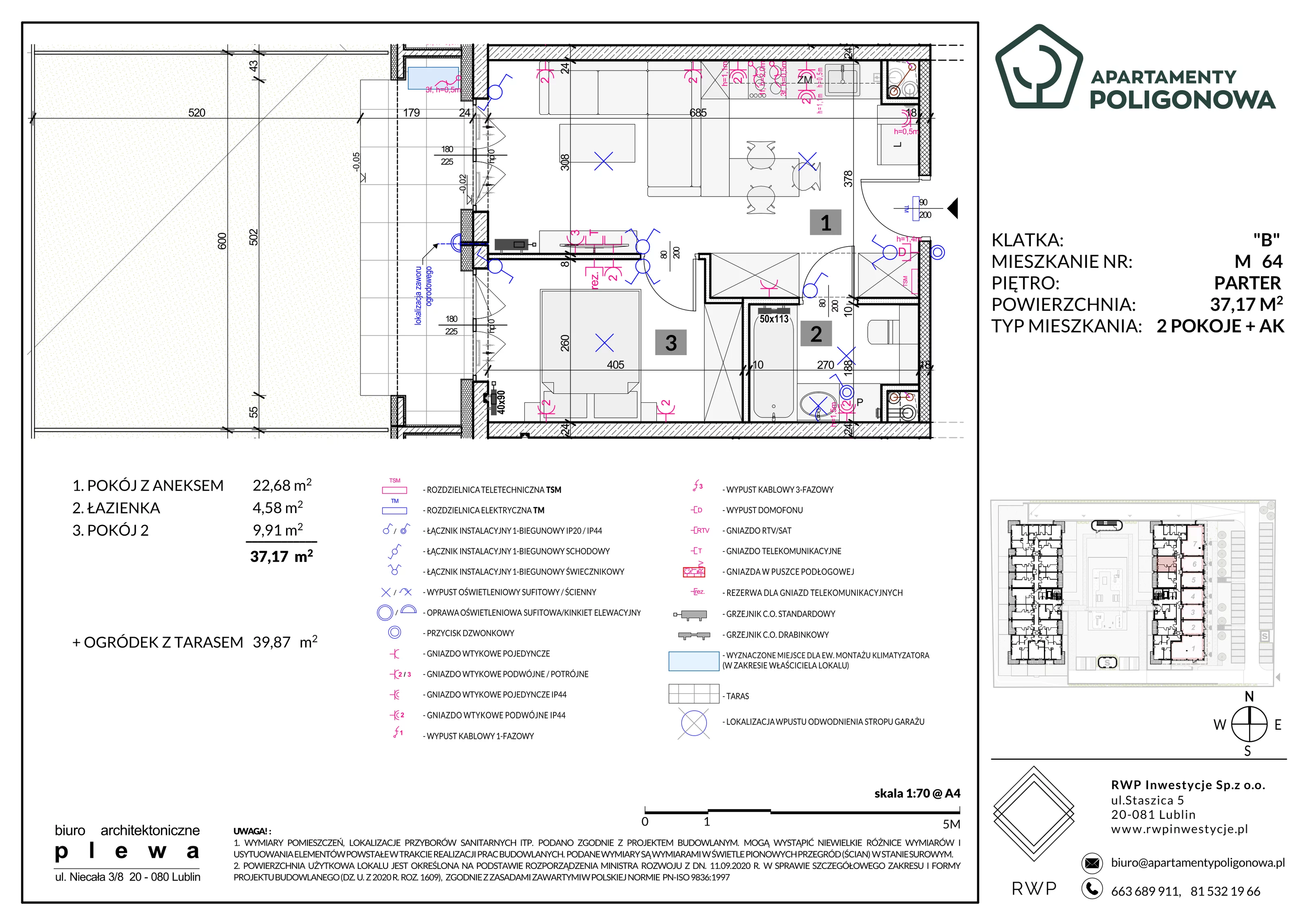 2 pokoje, mieszkanie 37,17 m², parter, oferta nr 64, Apartamenty Poligonowa 5, Lublin, Sławin, ul. Poligonowa