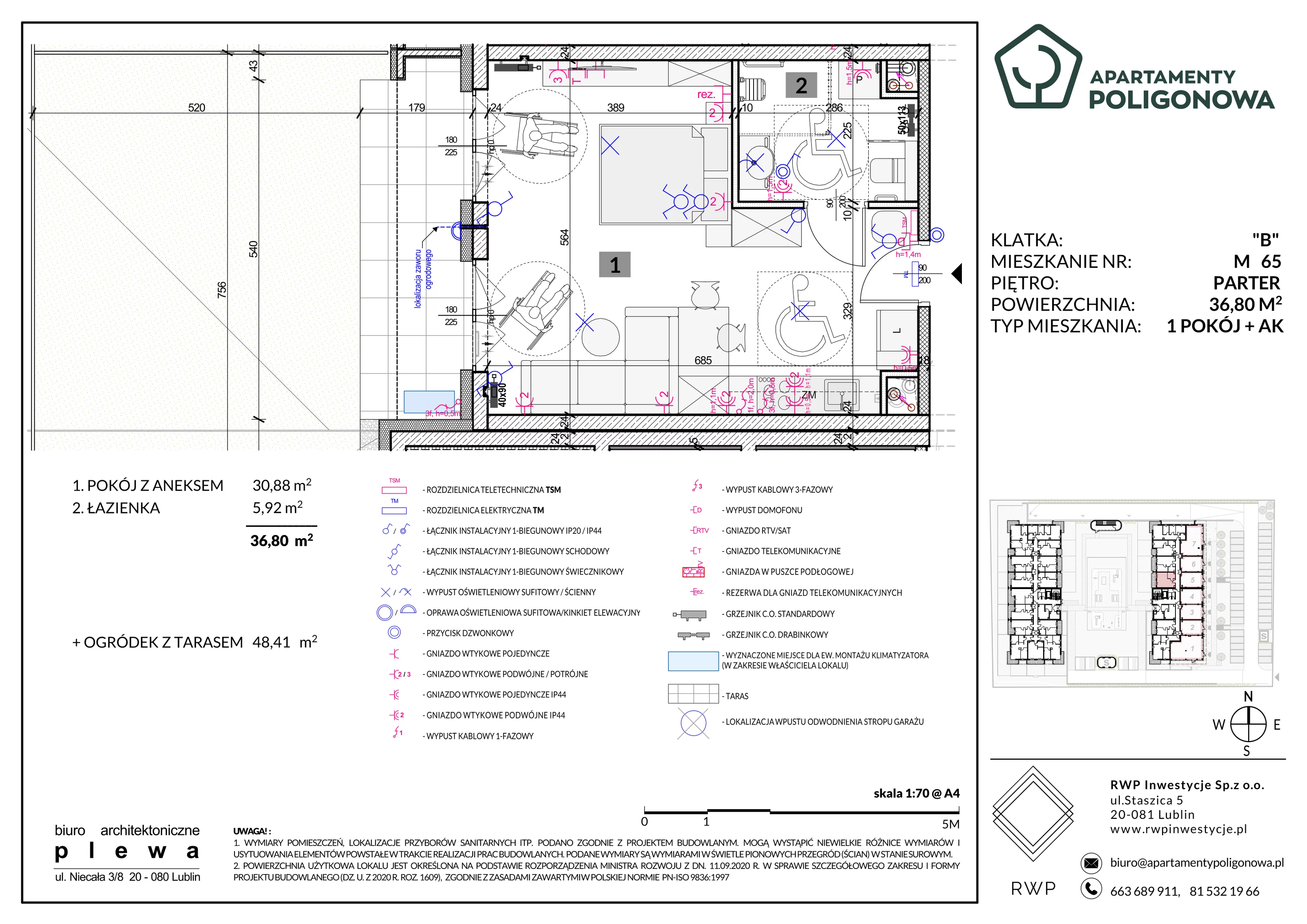 1 pokój, mieszkanie 36,80 m², parter, oferta nr 65, Apartamenty Poligonowa 5, Lublin, Sławin, ul. Poligonowa