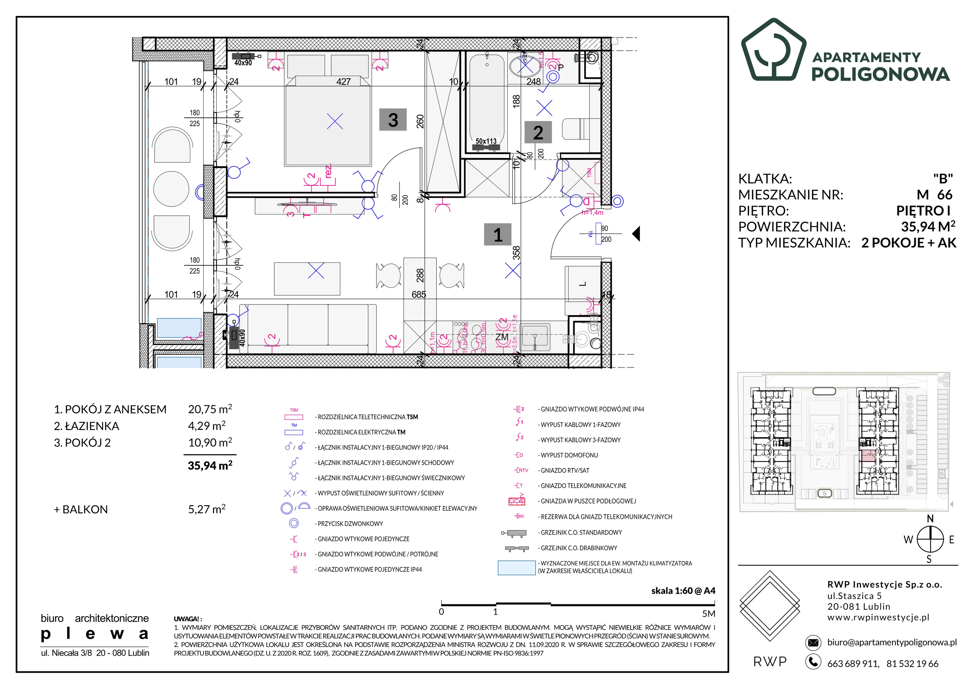 2 pokoje, mieszkanie 35,94 m², piętro 1, oferta nr 66, Apartamenty Poligonowa 5, Lublin, Sławin, ul. Poligonowa