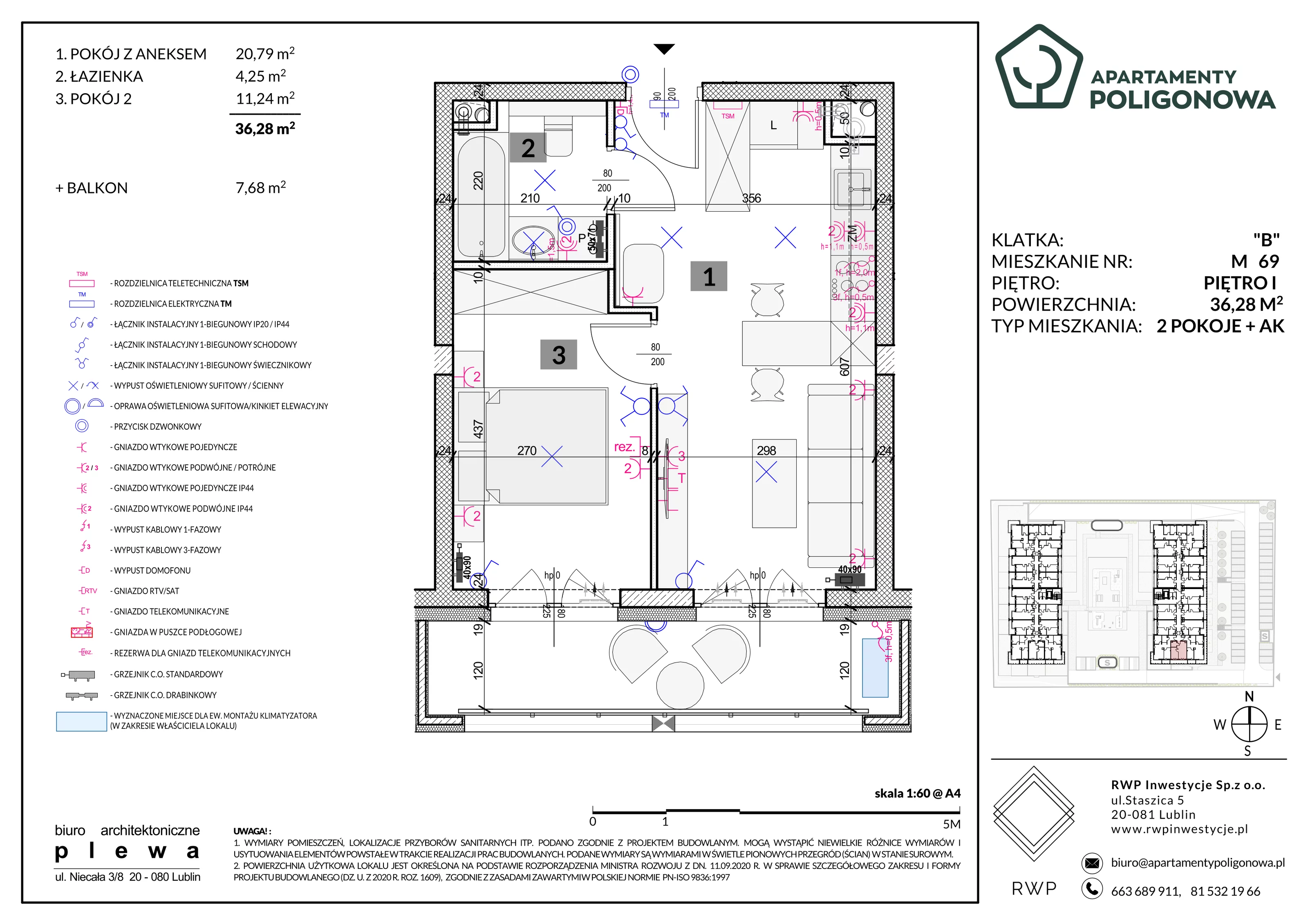 2 pokoje, mieszkanie 36,28 m², piętro 1, oferta nr 69, Apartamenty Poligonowa 5, Lublin, Sławin, ul. Poligonowa