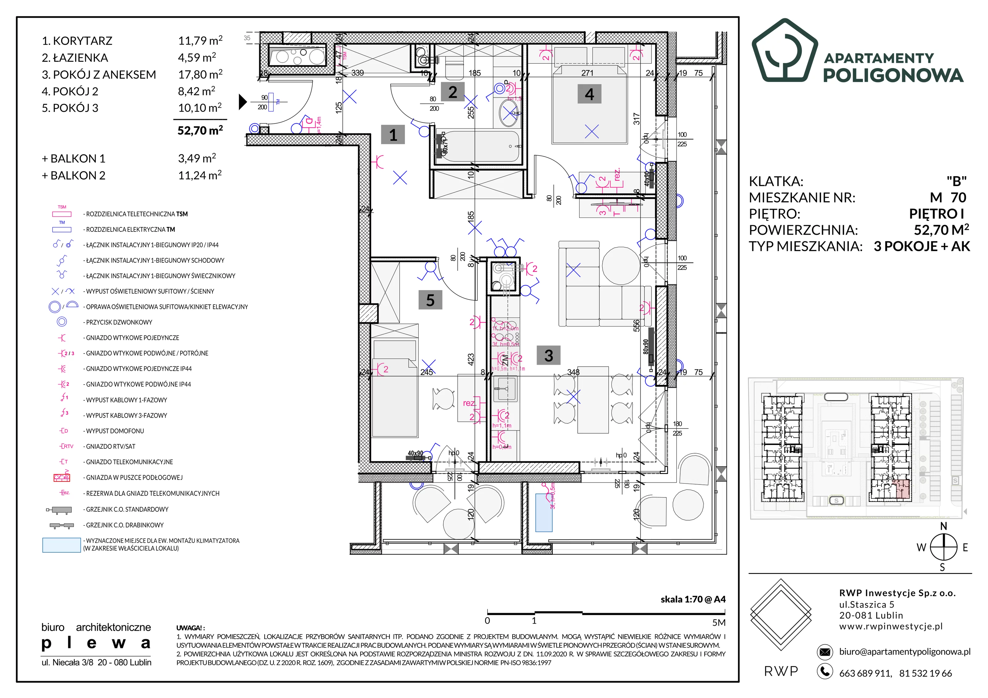 3 pokoje, mieszkanie 52,70 m², piętro 1, oferta nr 70, Apartamenty Poligonowa 5, Lublin, Sławin, ul. Poligonowa