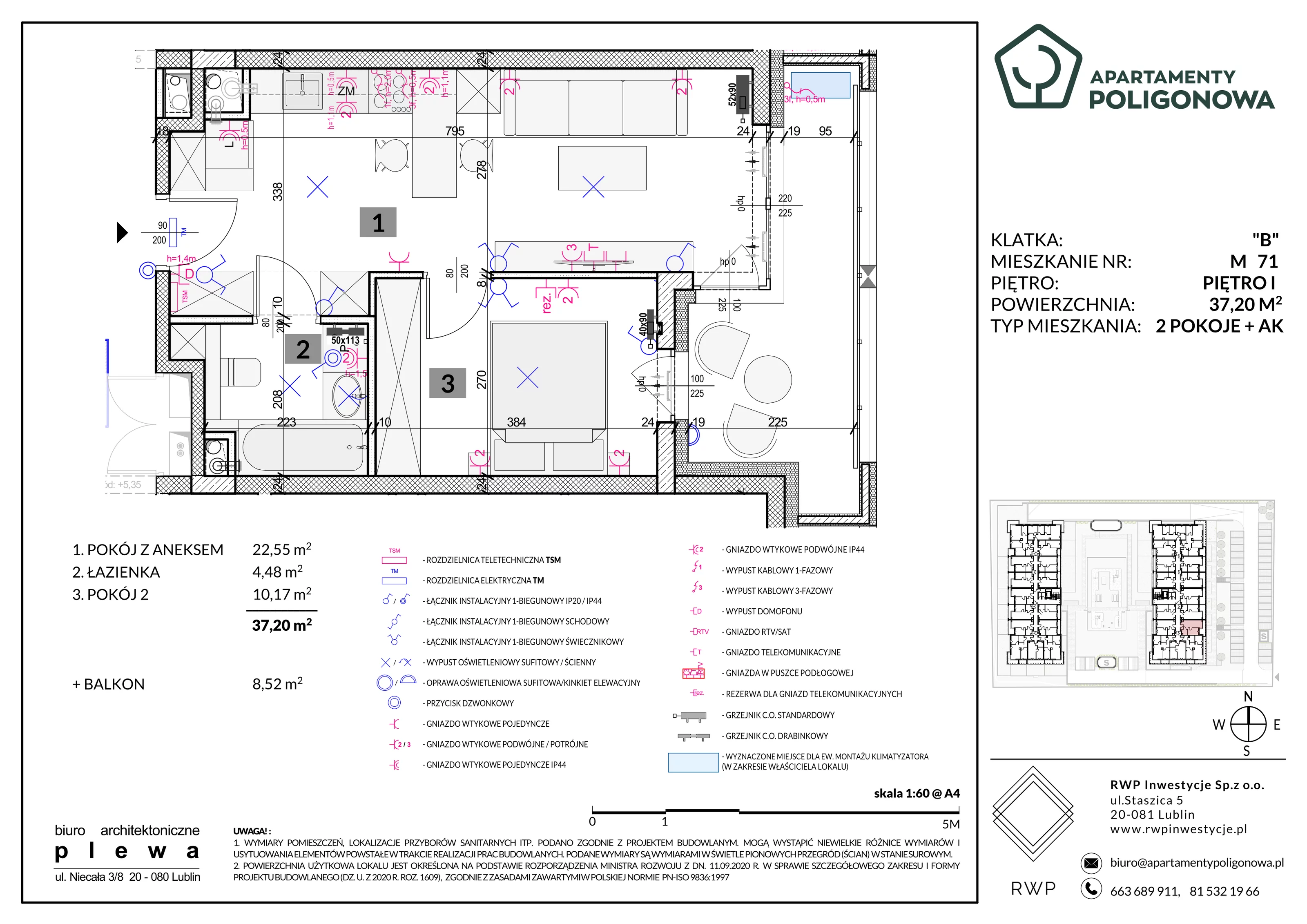 2 pokoje, mieszkanie 37,20 m², piętro 1, oferta nr 71, Apartamenty Poligonowa 5, Lublin, Sławin, ul. Poligonowa