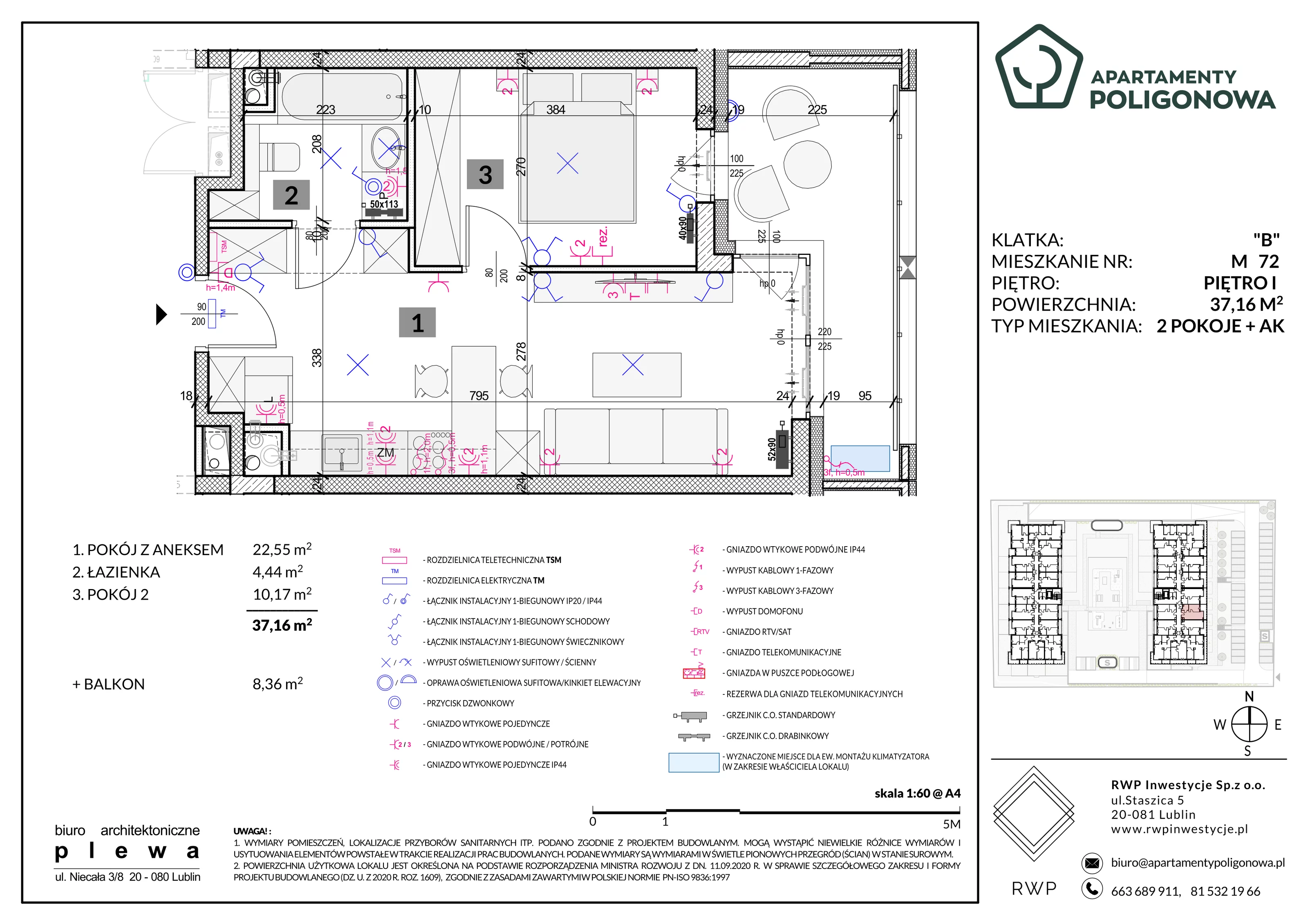 2 pokoje, mieszkanie 37,16 m², piętro 1, oferta nr 72, Apartamenty Poligonowa 5, Lublin, Sławin, ul. Poligonowa