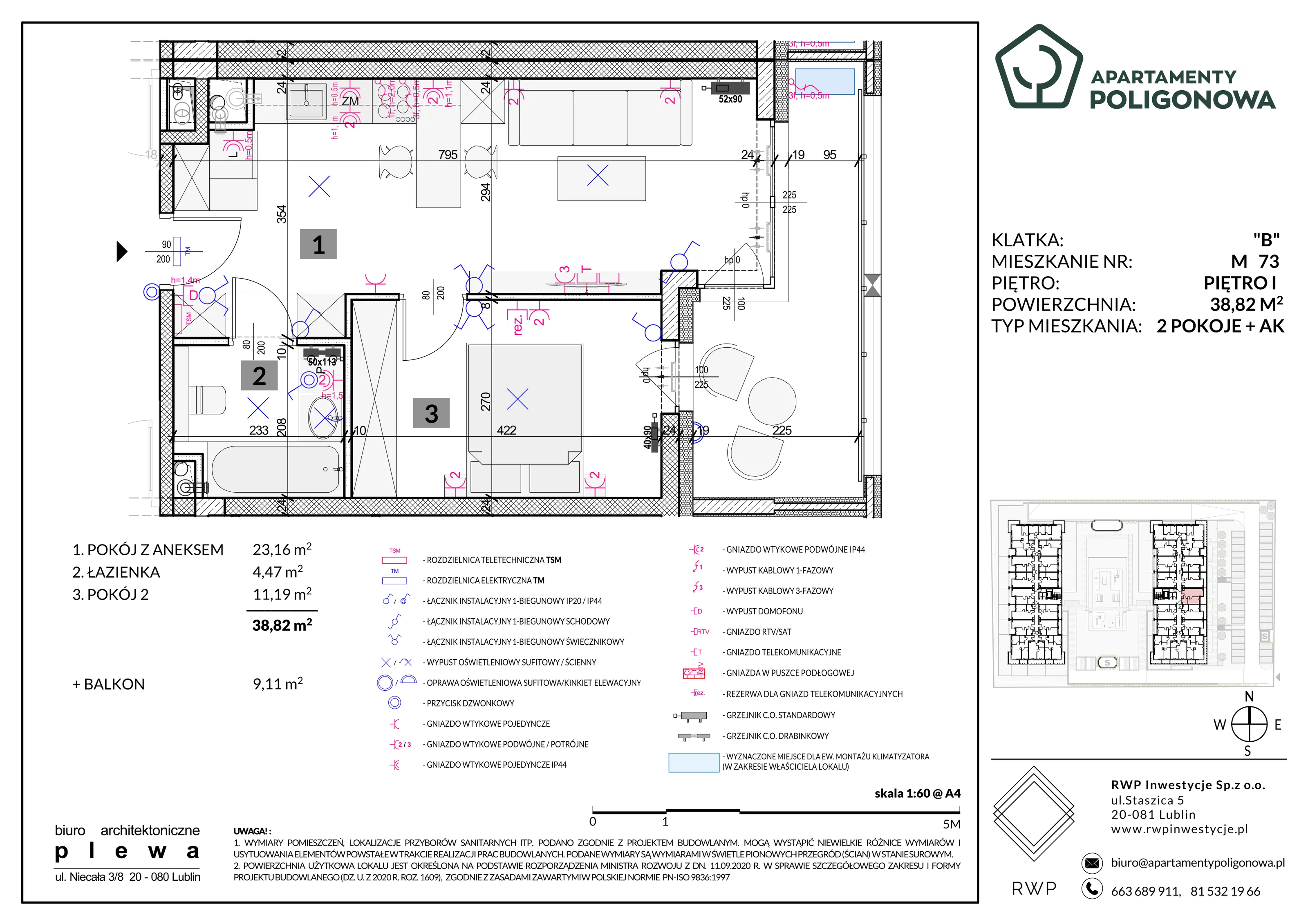 2 pokoje, mieszkanie 38,82 m², piętro 1, oferta nr 73, Apartamenty Poligonowa 5, Lublin, Sławin, ul. Poligonowa