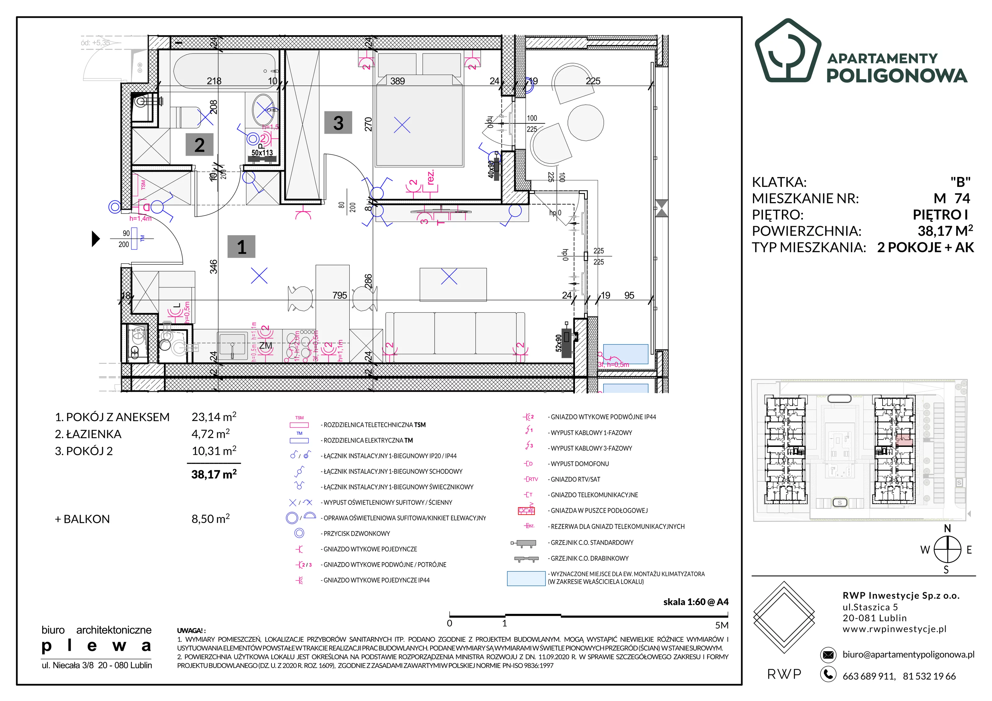2 pokoje, mieszkanie 38,17 m², piętro 1, oferta nr 74, Apartamenty Poligonowa 5, Lublin, Sławin, ul. Poligonowa