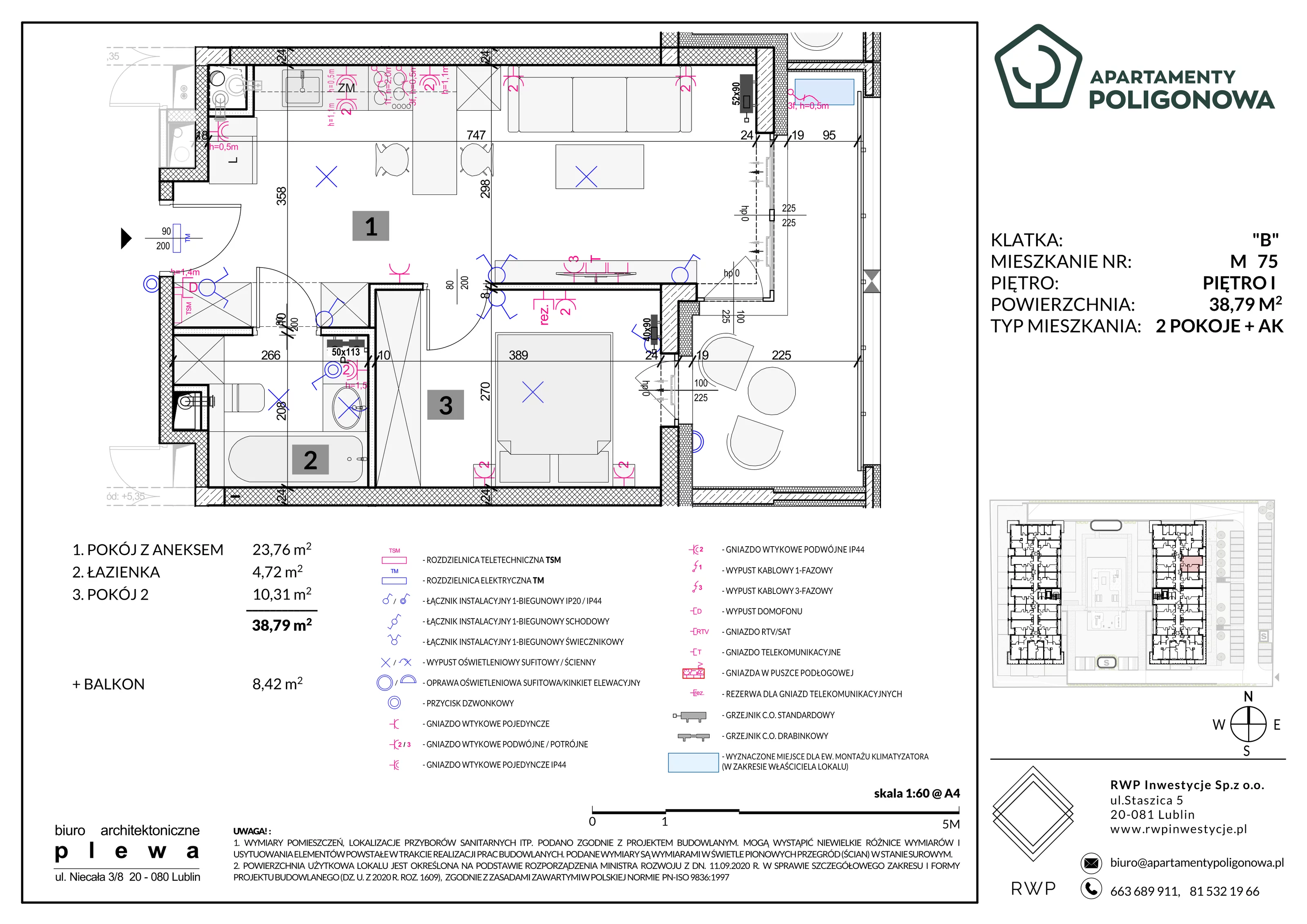 2 pokoje, mieszkanie 38,79 m², piętro 1, oferta nr 75, Apartamenty Poligonowa 5, Lublin, Sławin, ul. Poligonowa