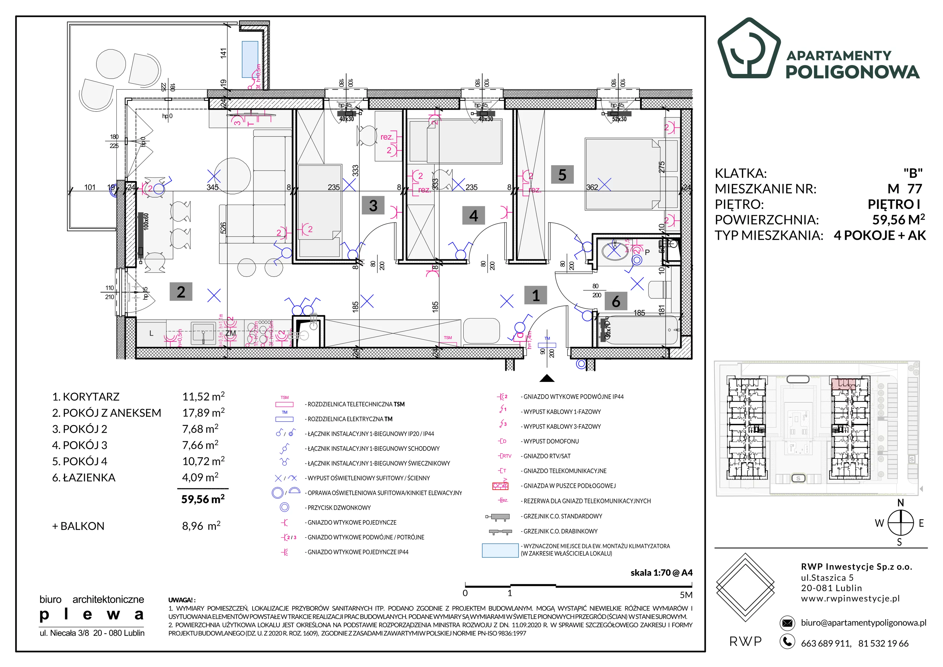4 pokoje, mieszkanie 59,56 m², piętro 1, oferta nr 77, Apartamenty Poligonowa 5, Lublin, Sławin, ul. Poligonowa