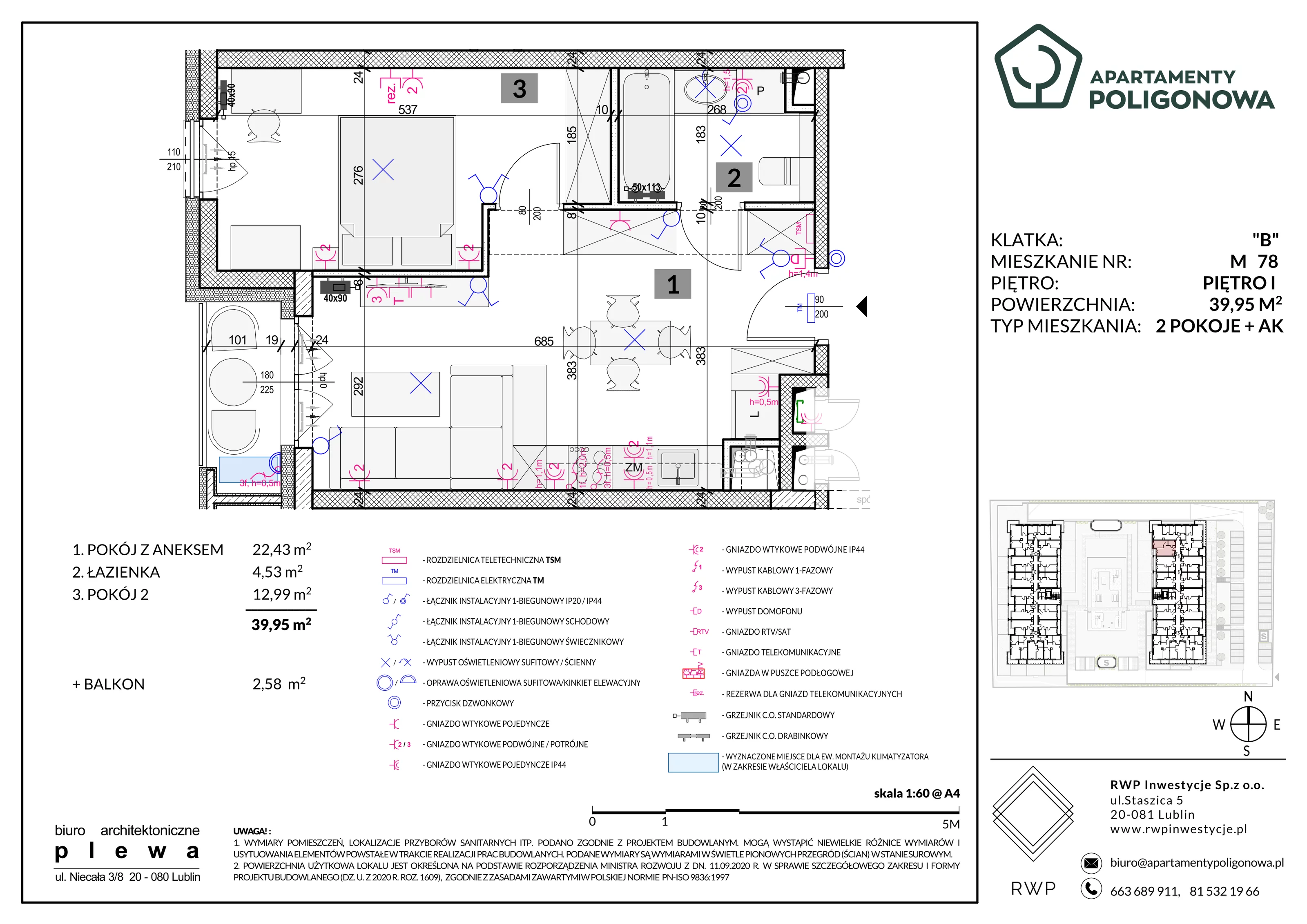 2 pokoje, mieszkanie 39,95 m², piętro 1, oferta nr 78, Apartamenty Poligonowa 5, Lublin, Sławin, ul. Poligonowa