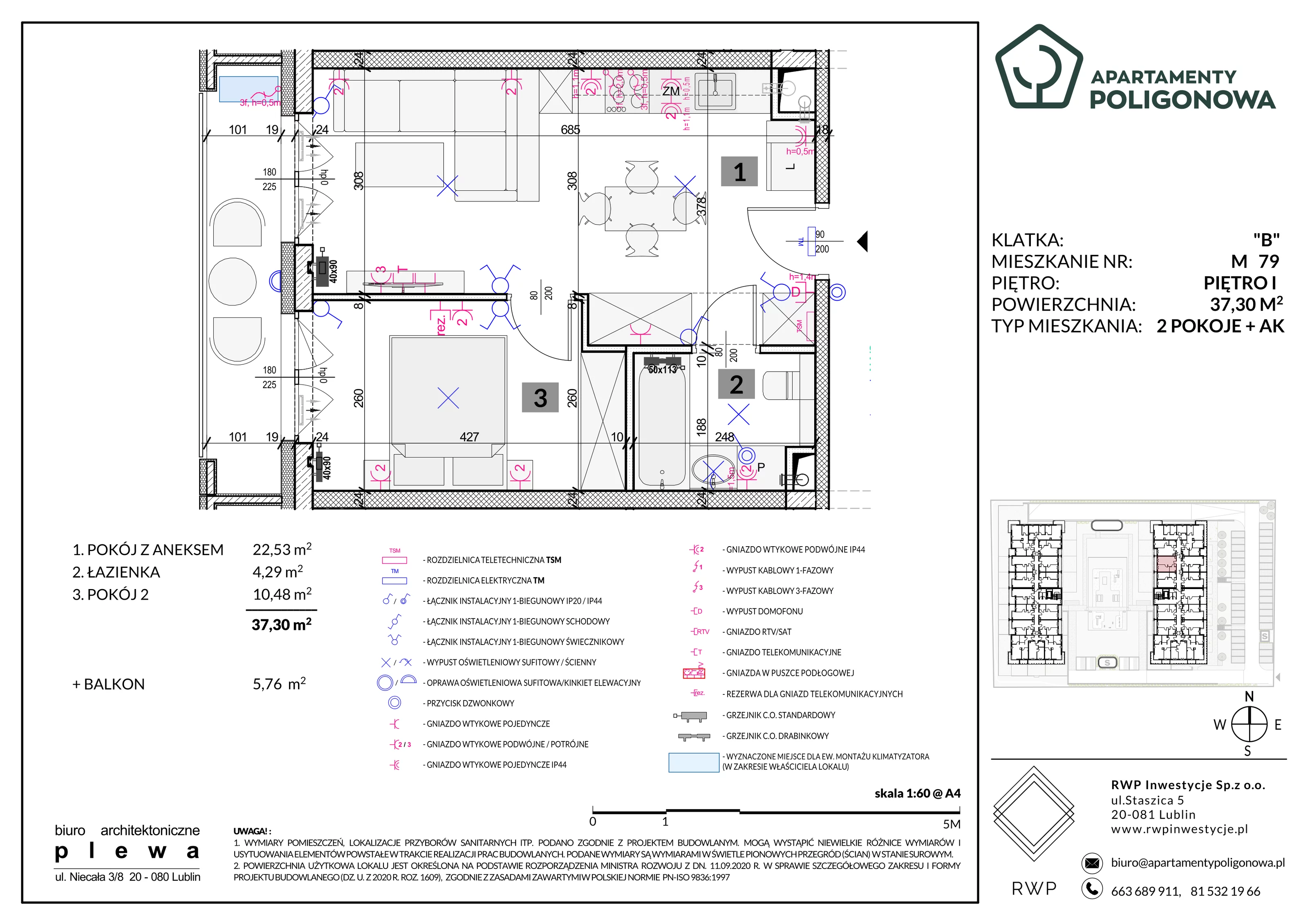 2 pokoje, mieszkanie 37,30 m², piętro 1, oferta nr 79, Apartamenty Poligonowa 5, Lublin, Sławin, ul. Poligonowa