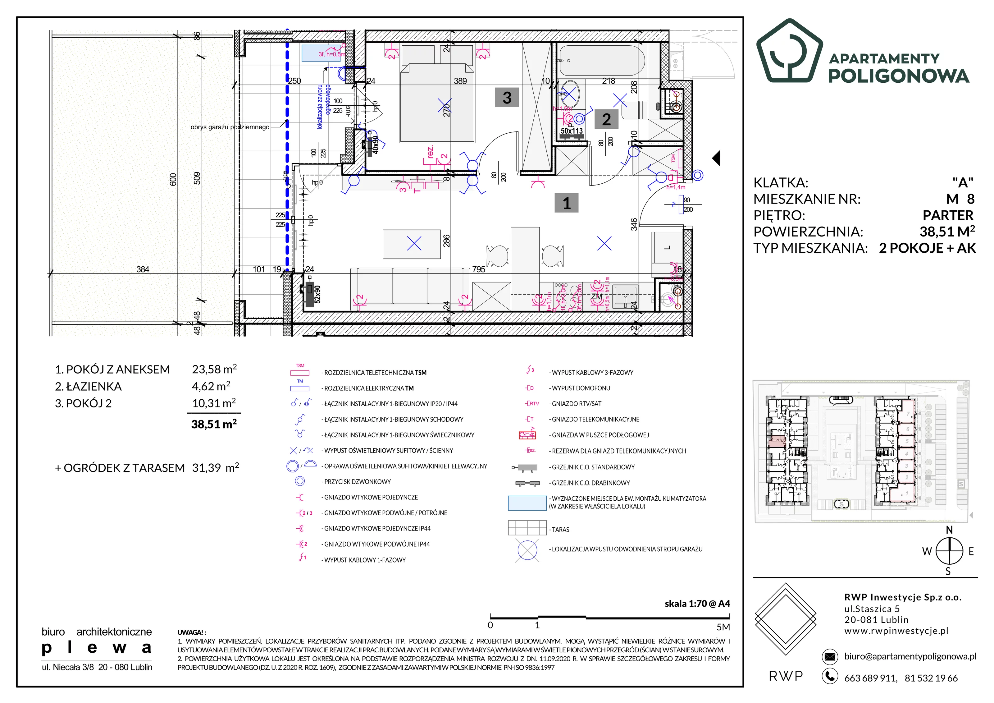 2 pokoje, mieszkanie 38,51 m², parter, oferta nr 8, Apartamenty Poligonowa 5, Lublin, Sławin, ul. Poligonowa