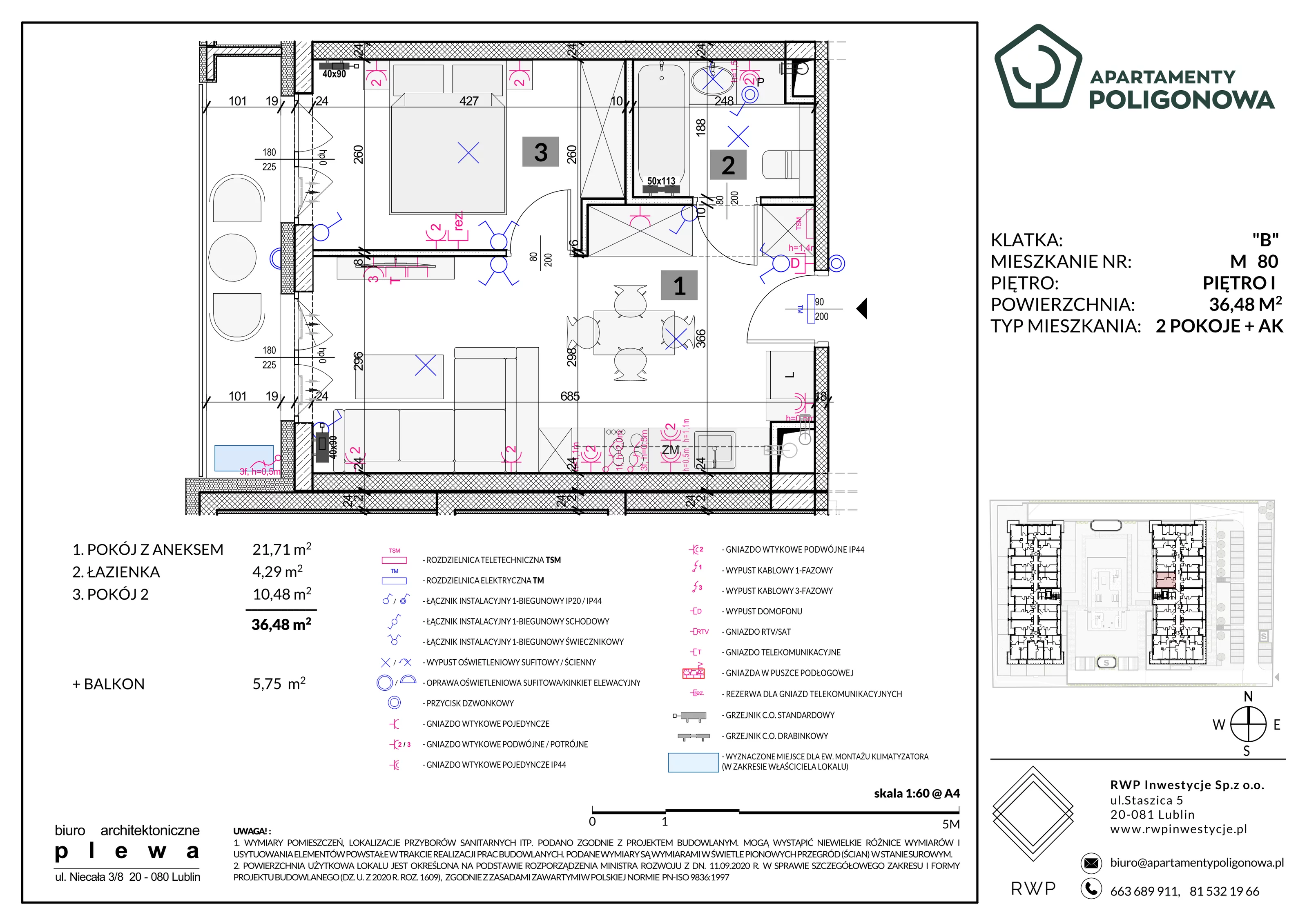 2 pokoje, mieszkanie 36,48 m², piętro 1, oferta nr 80, Apartamenty Poligonowa 5, Lublin, Sławin, ul. Poligonowa