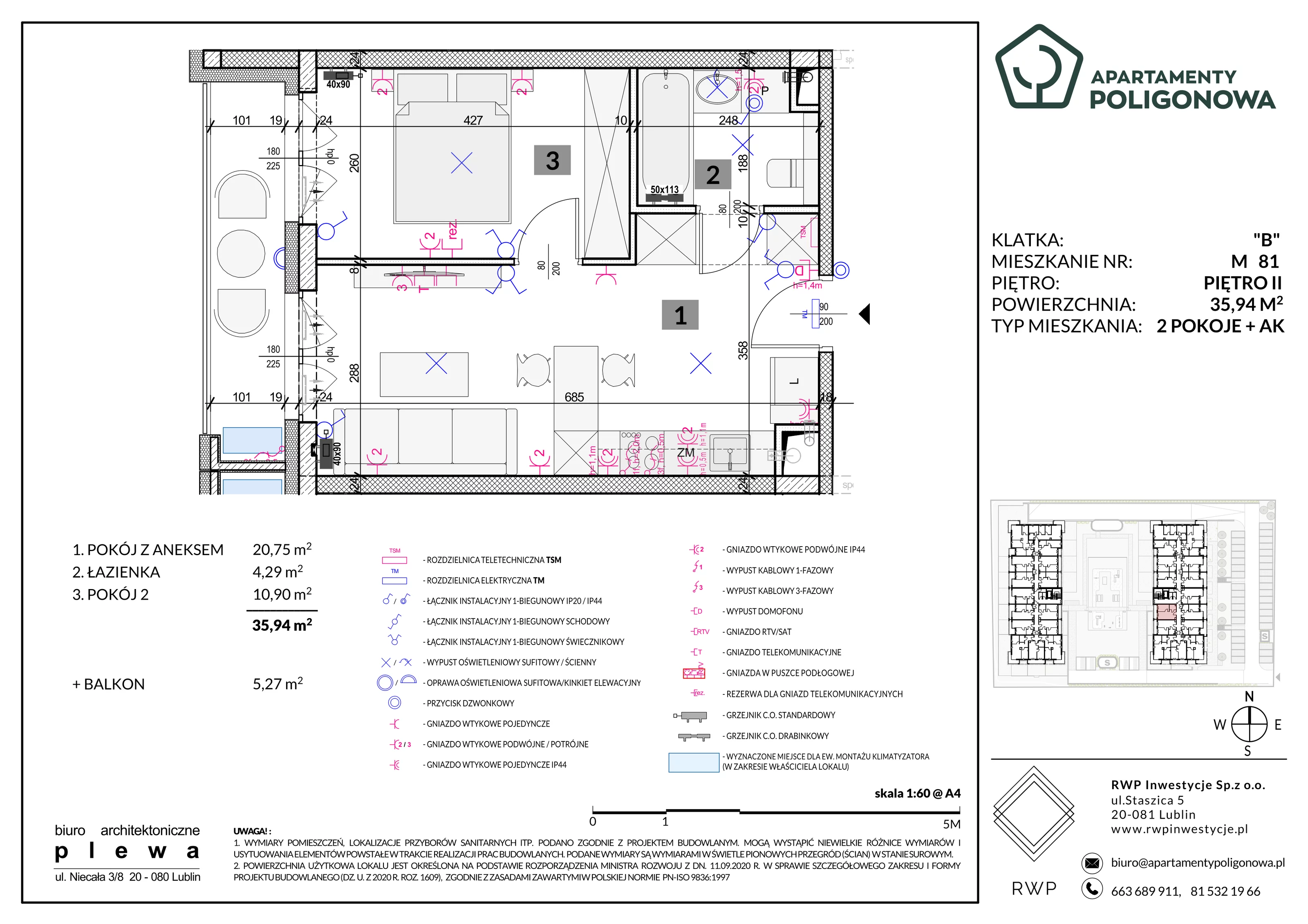 2 pokoje, mieszkanie 35,94 m², piętro 2, oferta nr 81, Apartamenty Poligonowa 5, Lublin, Sławin, ul. Poligonowa