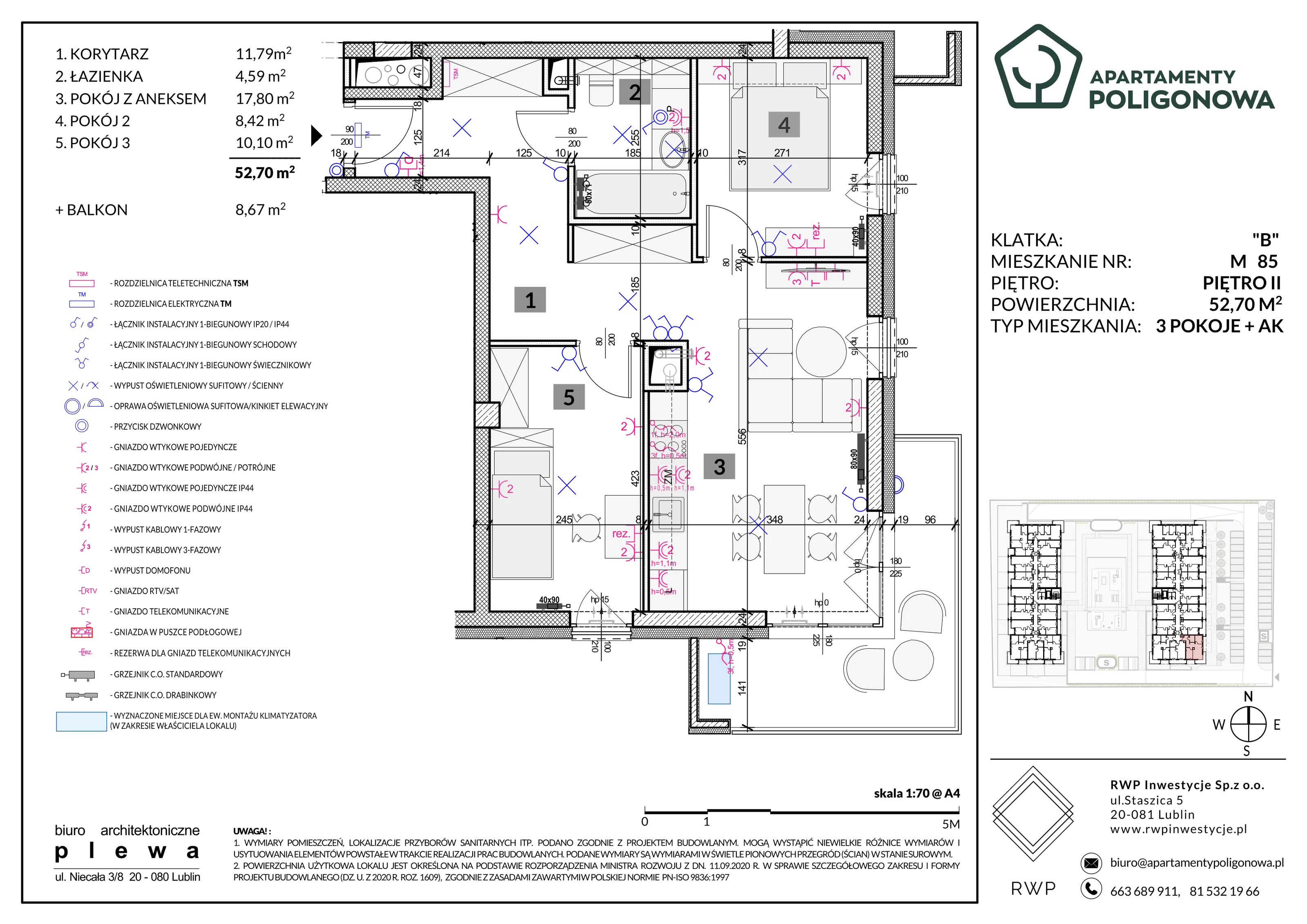 3 pokoje, mieszkanie 52,70 m², piętro 2, oferta nr 85, Apartamenty Poligonowa 5, Lublin, Sławin, ul. Poligonowa