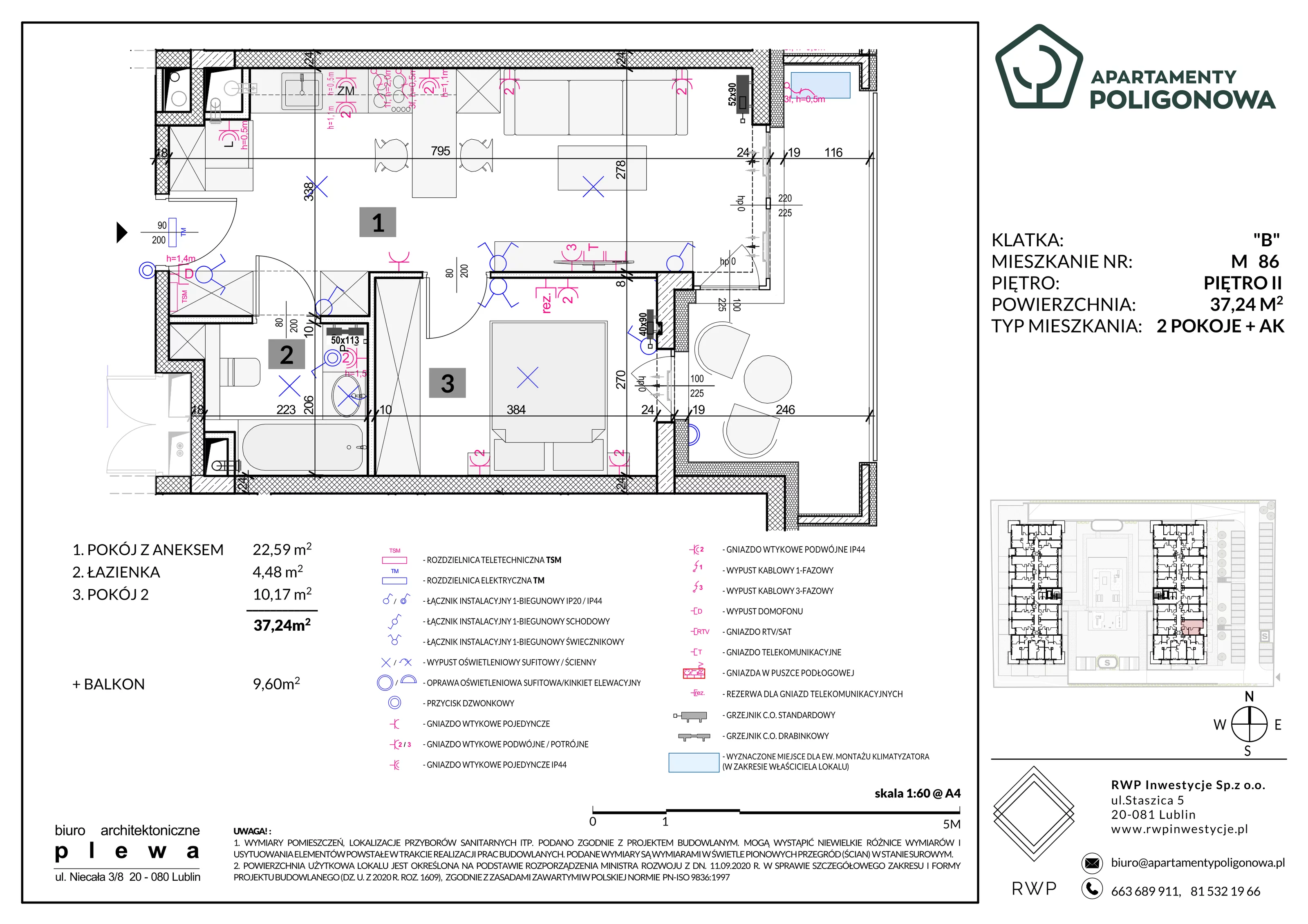 2 pokoje, mieszkanie 37,24 m², piętro 2, oferta nr 86, Apartamenty Poligonowa 5, Lublin, Sławin, ul. Poligonowa