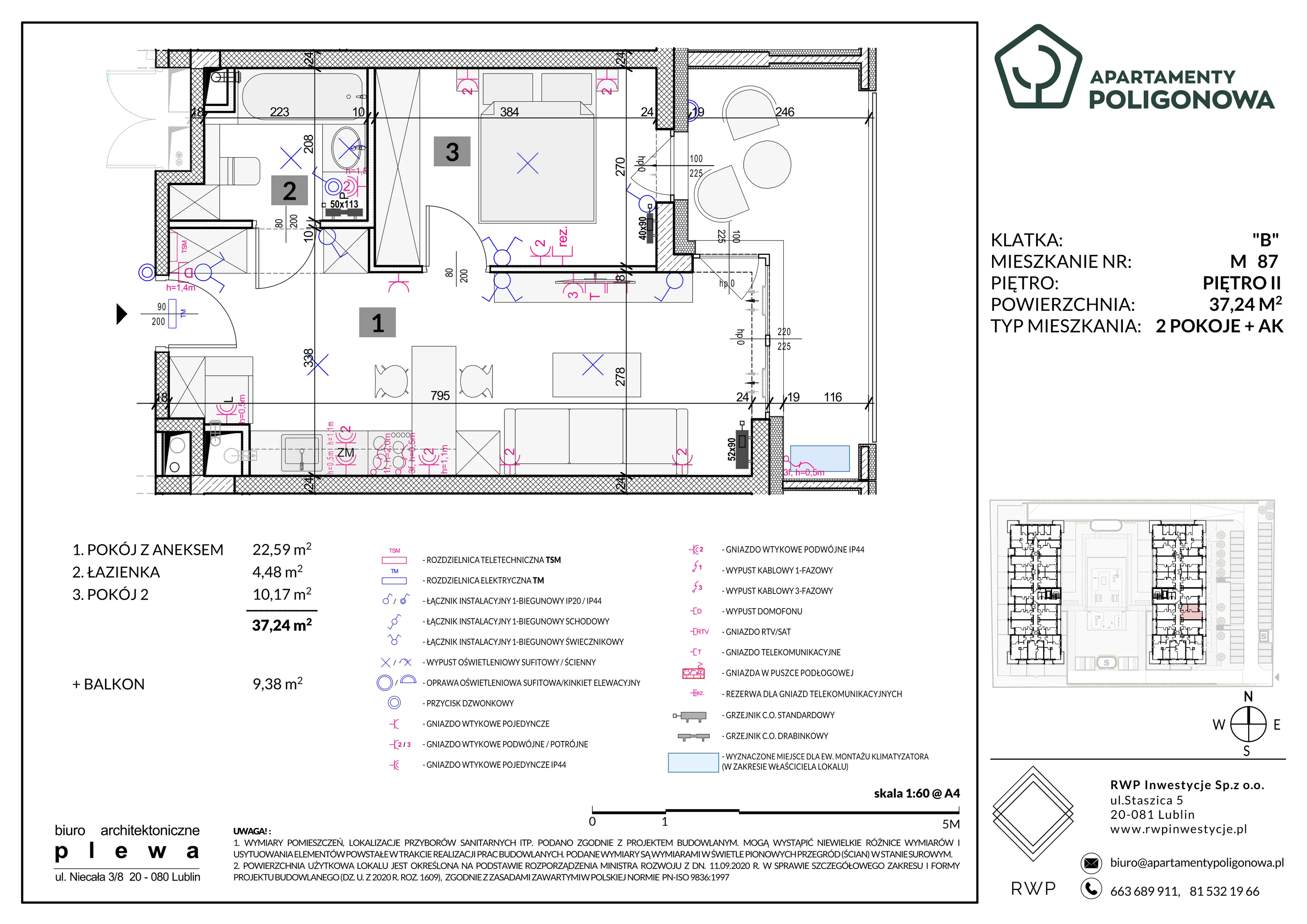 2 pokoje, mieszkanie 37,24 m², piętro 2, oferta nr 87, Apartamenty Poligonowa 5, Lublin, Sławin, ul. Poligonowa