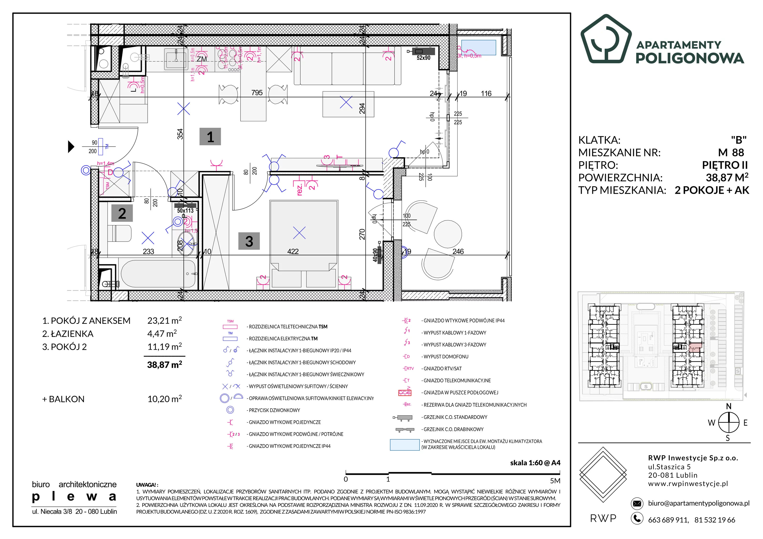 2 pokoje, mieszkanie 38,87 m², piętro 2, oferta nr 88, Apartamenty Poligonowa 5, Lublin, Sławin, ul. Poligonowa