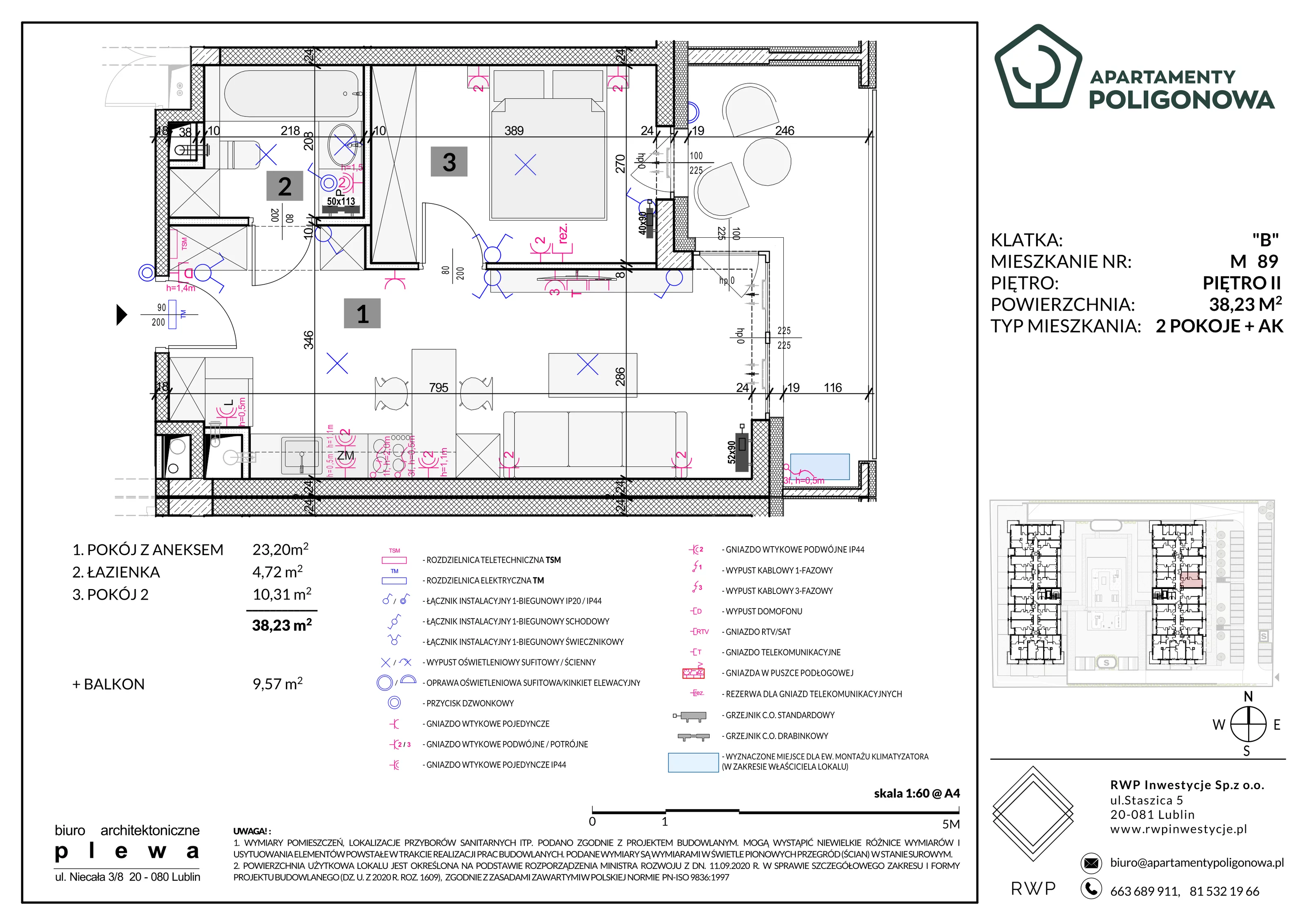 2 pokoje, mieszkanie 38,23 m², piętro 2, oferta nr 89, Apartamenty Poligonowa 5, Lublin, Sławin, ul. Poligonowa
