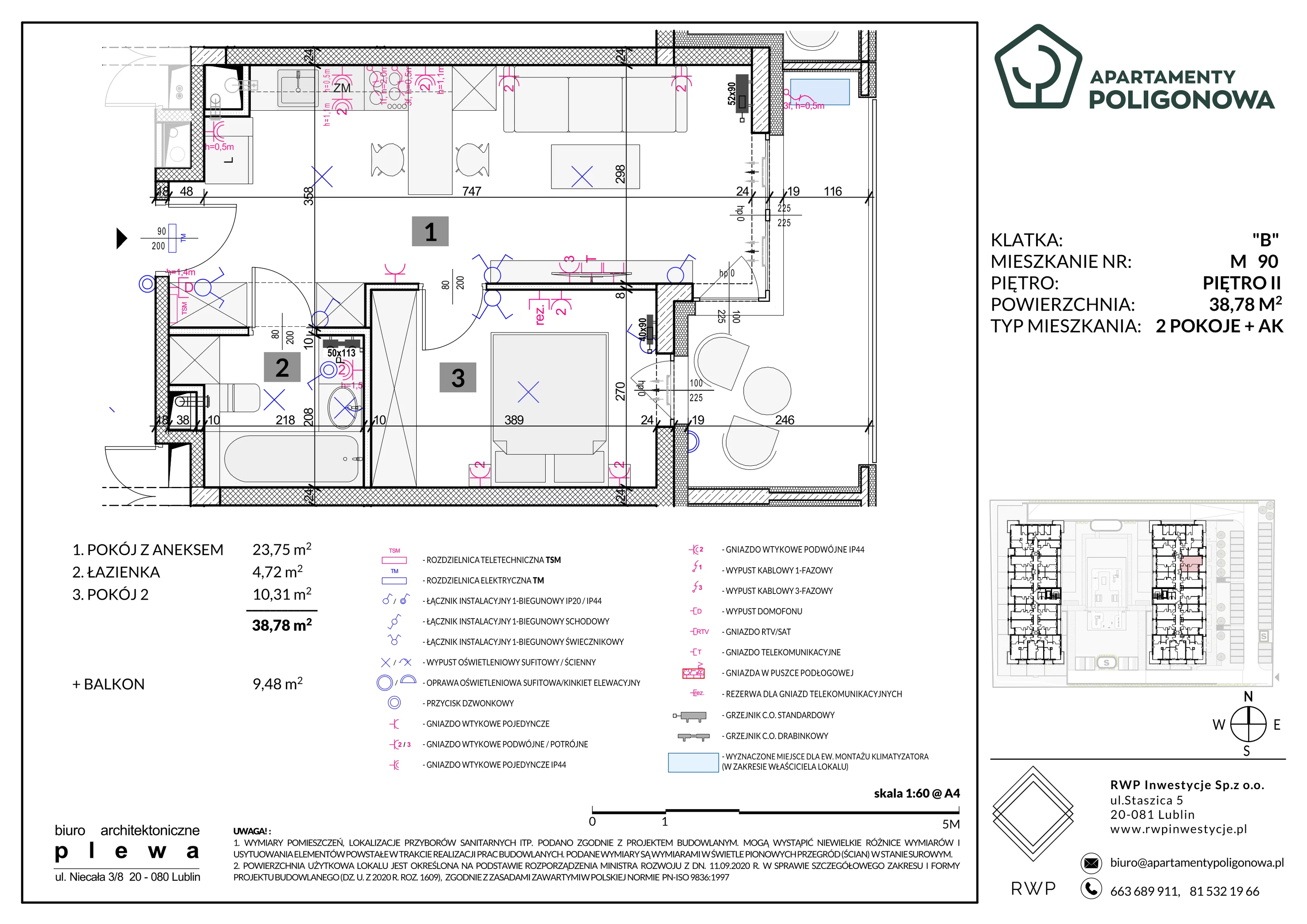 2 pokoje, mieszkanie 38,78 m², piętro 2, oferta nr 90, Apartamenty Poligonowa 5, Lublin, Sławin, ul. Poligonowa