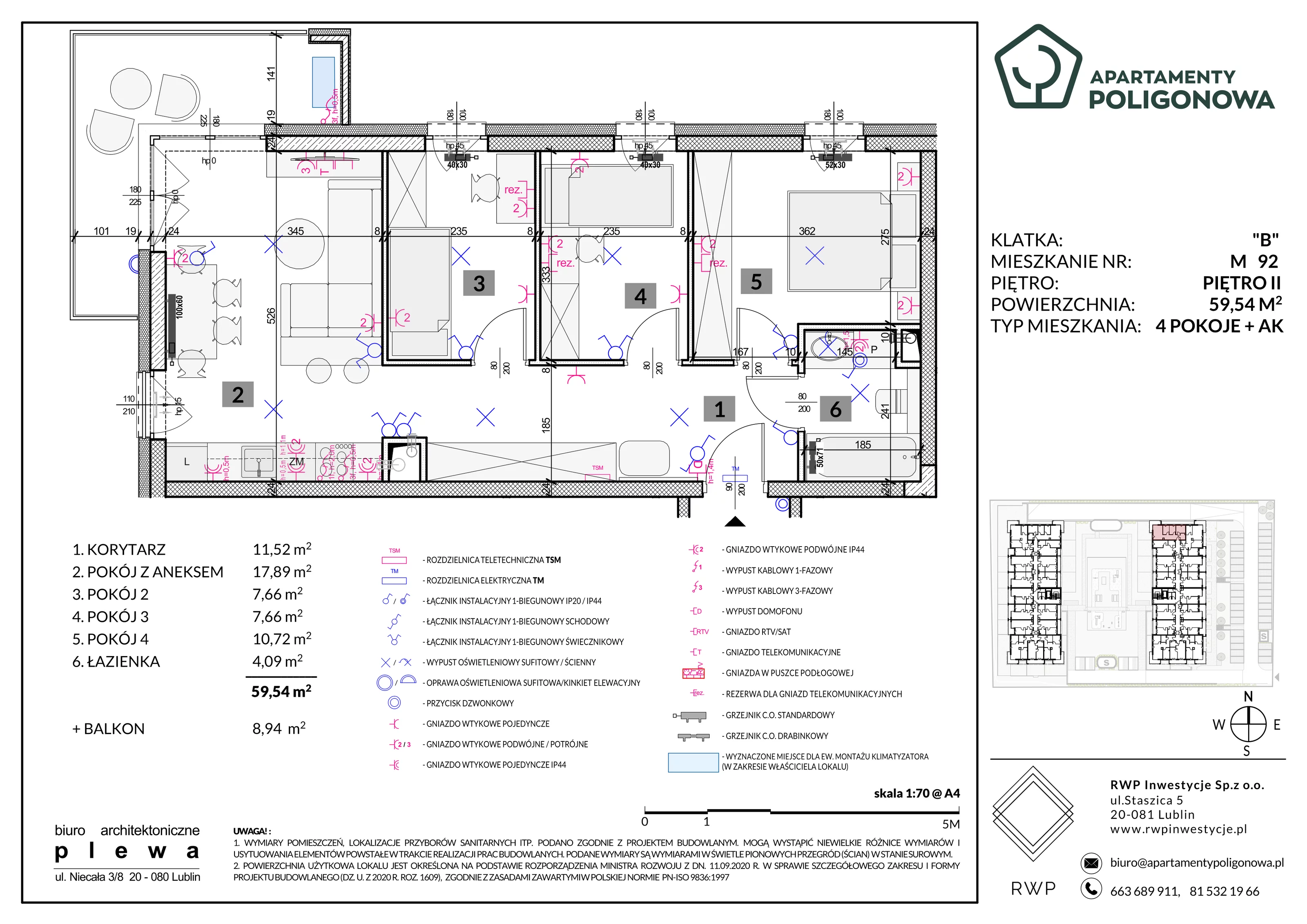 4 pokoje, mieszkanie 59,54 m², piętro 2, oferta nr 92, Apartamenty Poligonowa 5, Lublin, Sławin, ul. Poligonowa