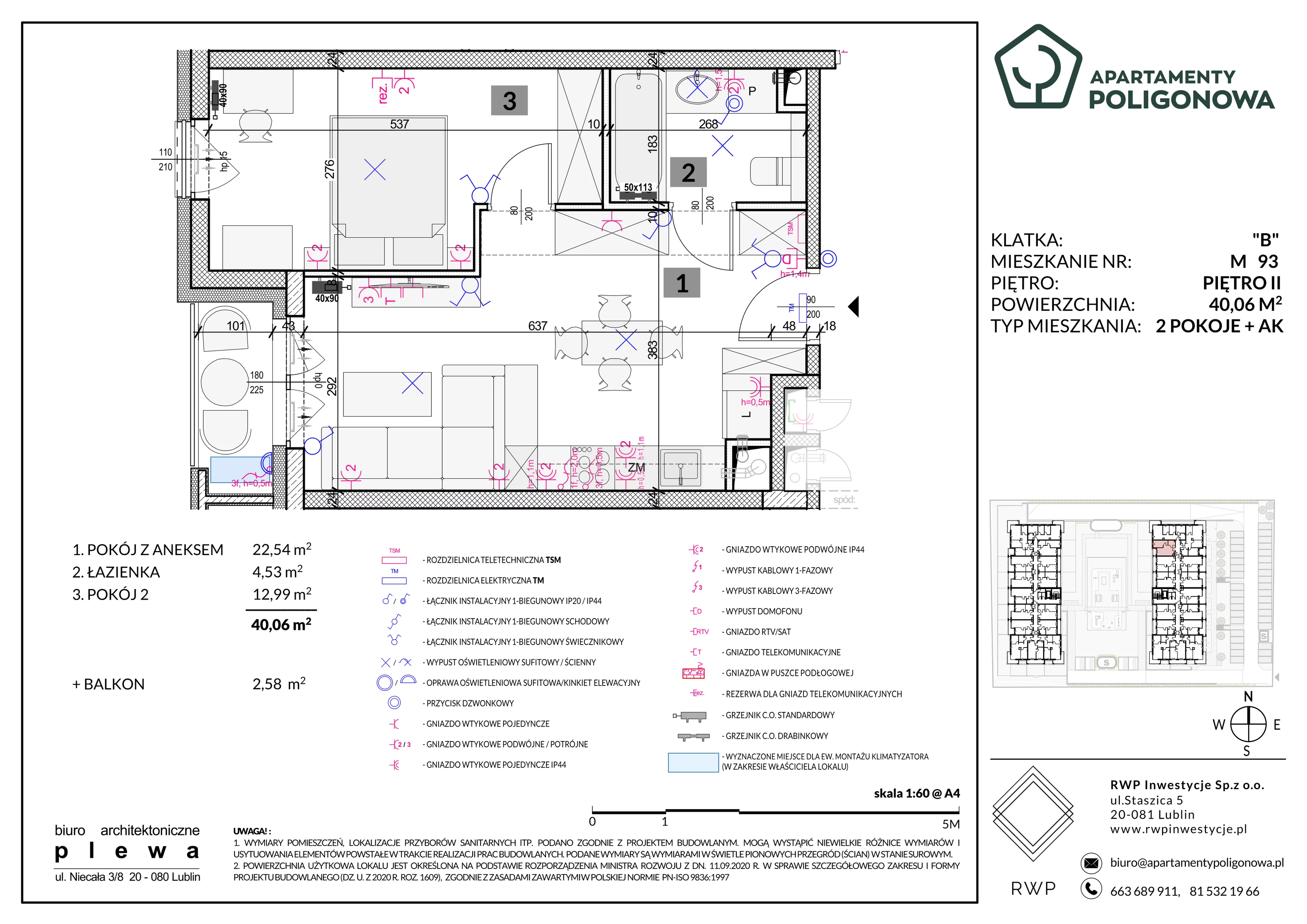 2 pokoje, mieszkanie 40,06 m², piętro 2, oferta nr 93, Apartamenty Poligonowa 5, Lublin, Sławin, ul. Poligonowa