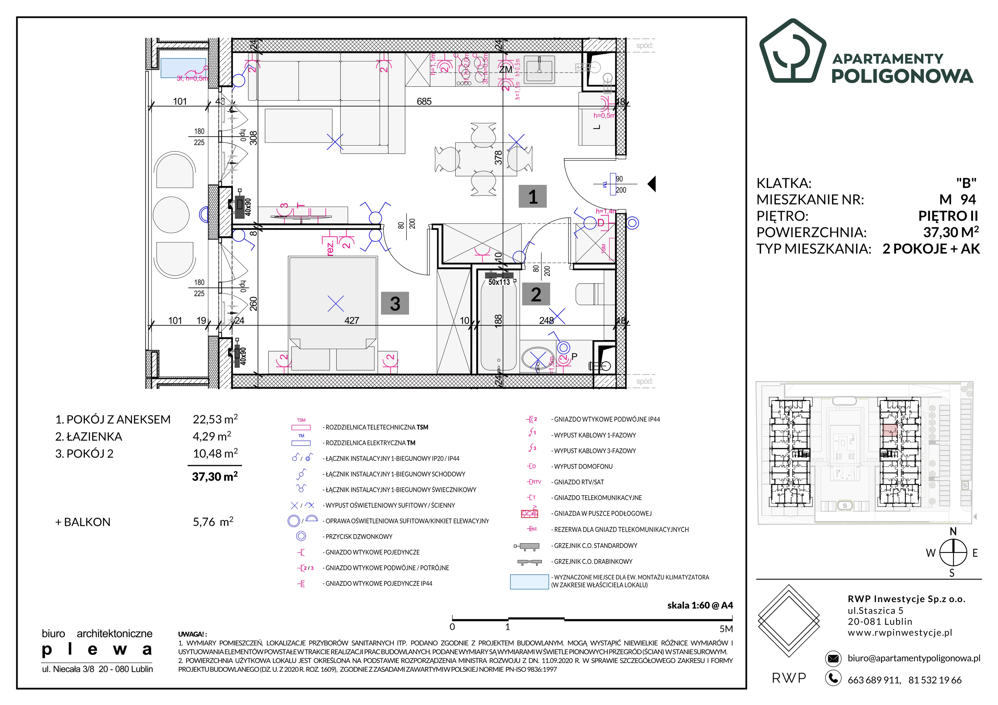 2 pokoje, mieszkanie 37,30 m², piętro 2, oferta nr 94, Apartamenty Poligonowa 5, Lublin, Sławin, ul. Poligonowa