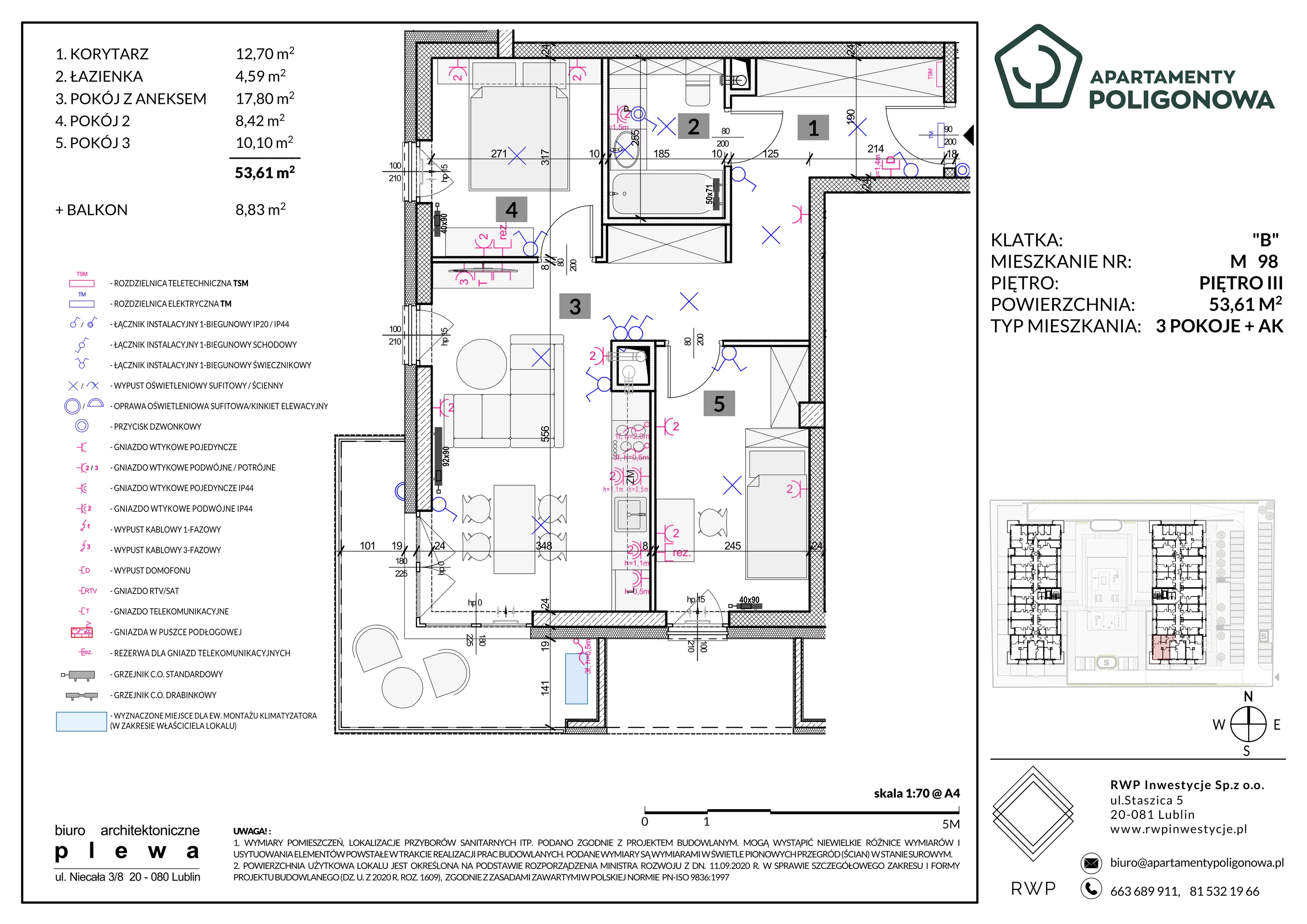 3 pokoje, mieszkanie 53,61 m², piętro 3, oferta nr 98, Apartamenty Poligonowa 5, Lublin, Sławin, ul. Poligonowa