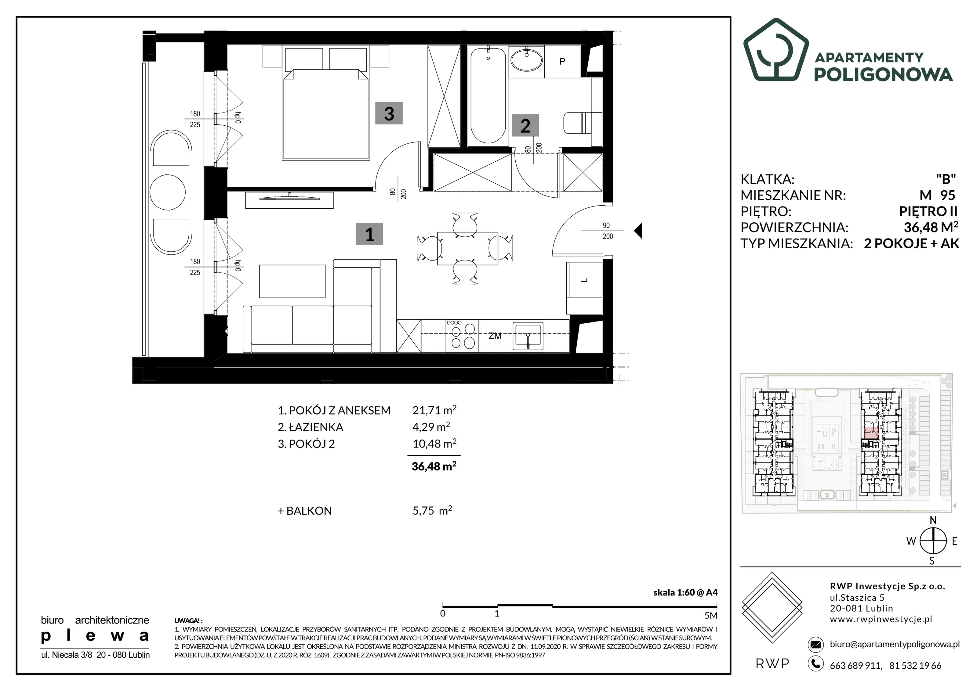 2 pokoje, mieszkanie 36,48 m², piętro 2, oferta nr 95, Apartamenty Poligonowa 5, Lublin, Sławin, ul. Poligonowa