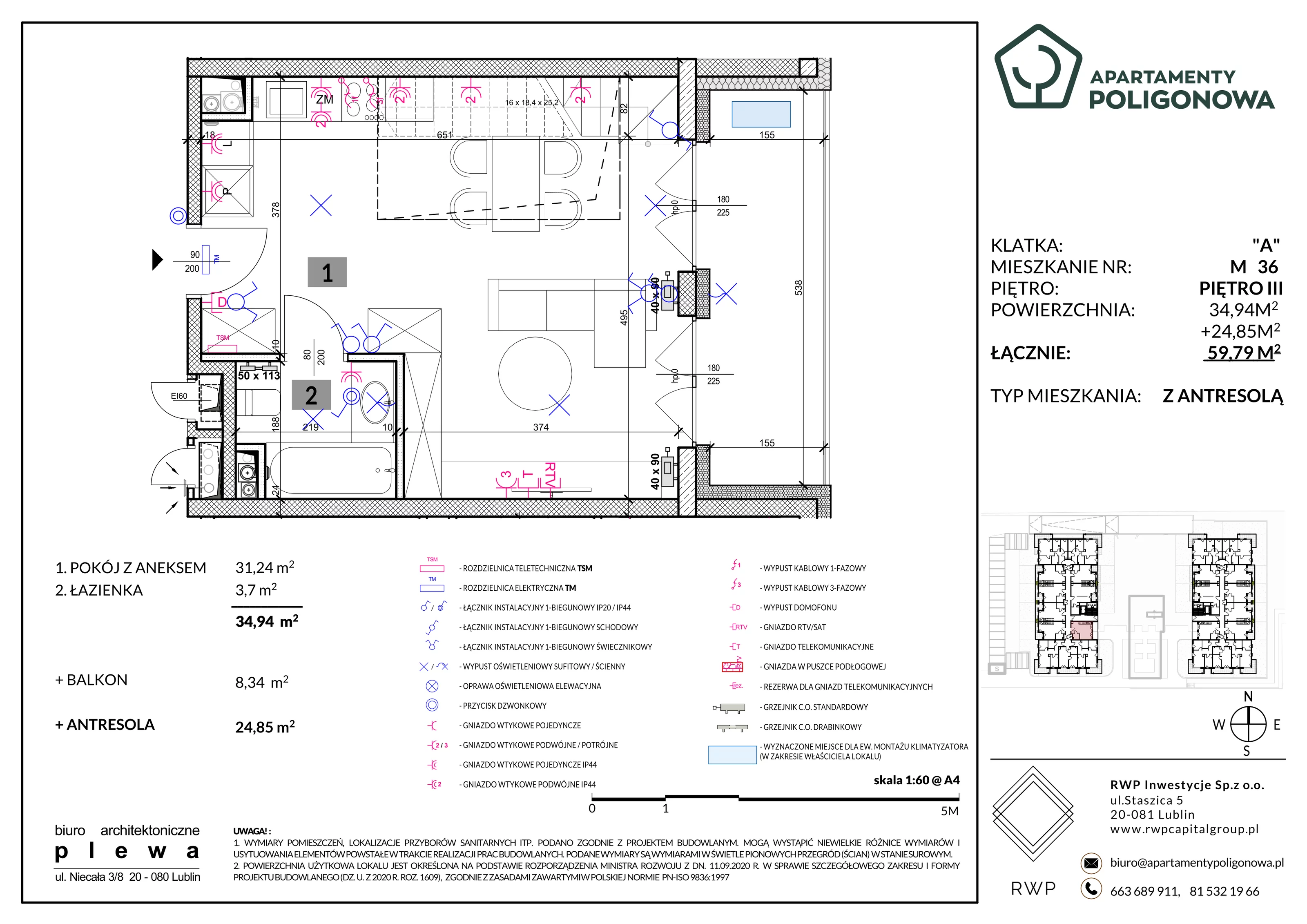3 pokoje, mieszkanie 59,79 m², piętro 3, oferta nr 36, Apartamenty Poligonowa 4, Lublin, Sławin, ul. Poligonowa